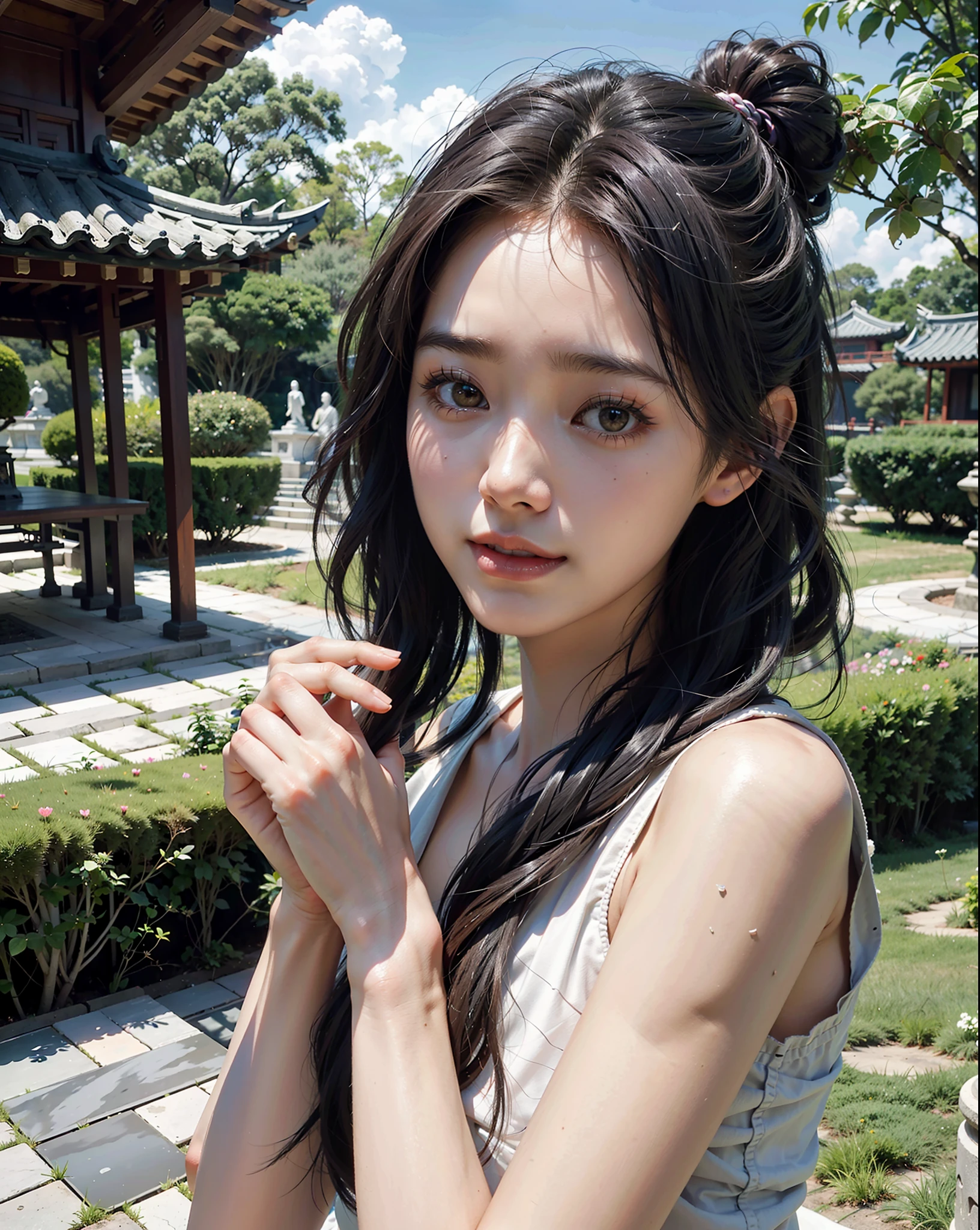 (soft illumination, low contrast),enchanting elegance, atmospheric depth, masterful technique, naturalistic representations, harmonious composition, creative refinement, striking juxtapositions, 1girl,long high bun hair,xiake, laughing, dynamic pose, outdoors, garden, east asia architecture