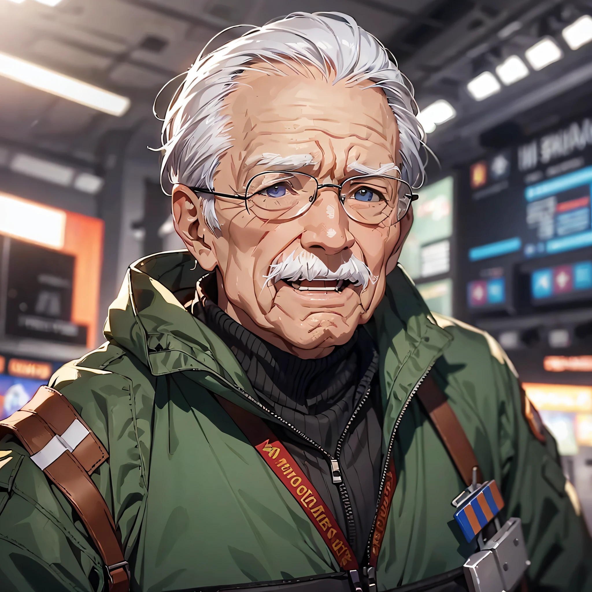 An elderly man dressed as a commander (1.5) with an excited expression and a large combat command in the background has many large screens