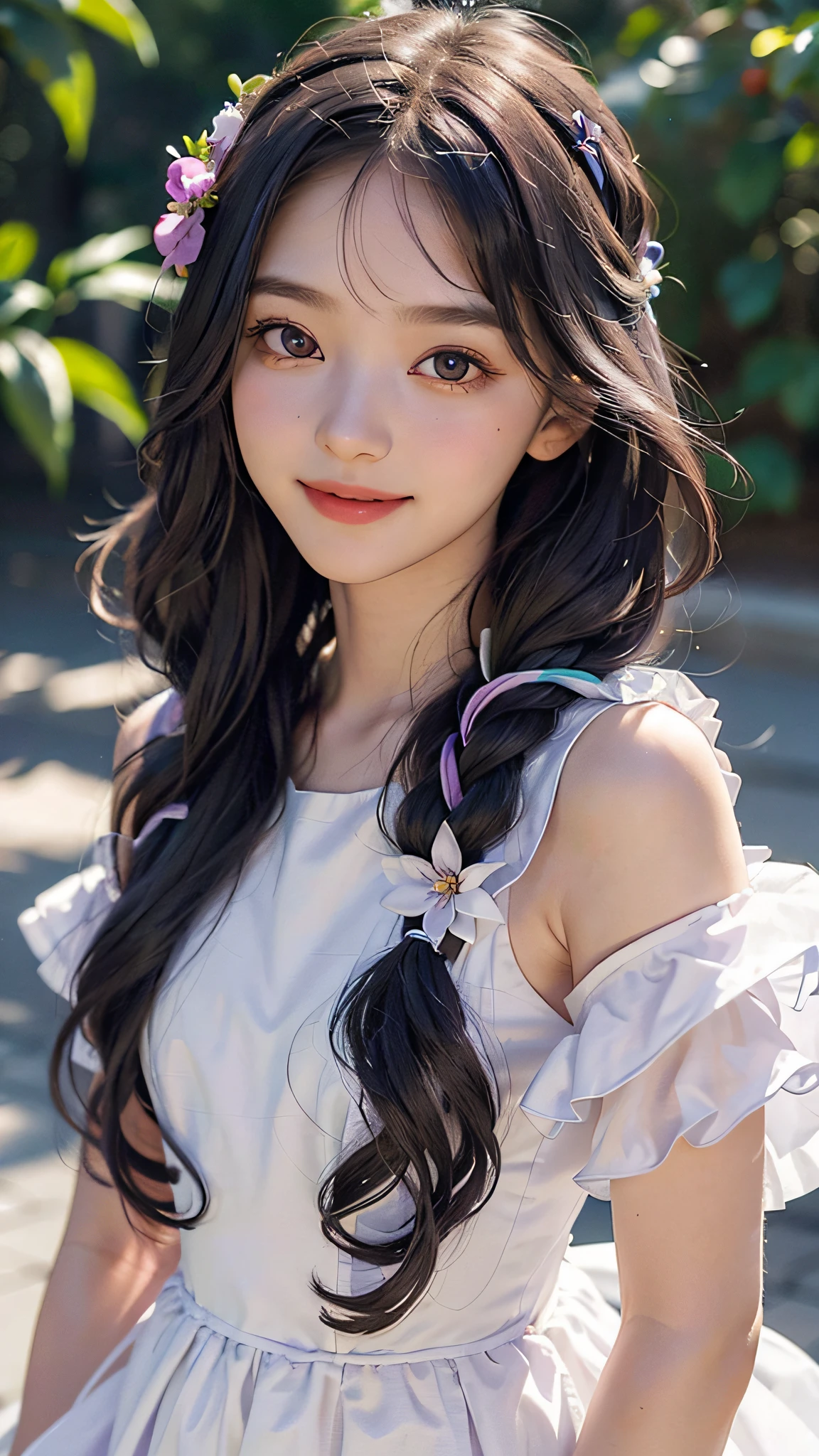 A small loli, long hair, purple flowing costume dress, colorful flowers, delicate nose, delicate lips, smile, clear eyes, delicate hair accessories, fine hair, big eyes, long eyelashes, clear face, flowers of various colors, beautiful background