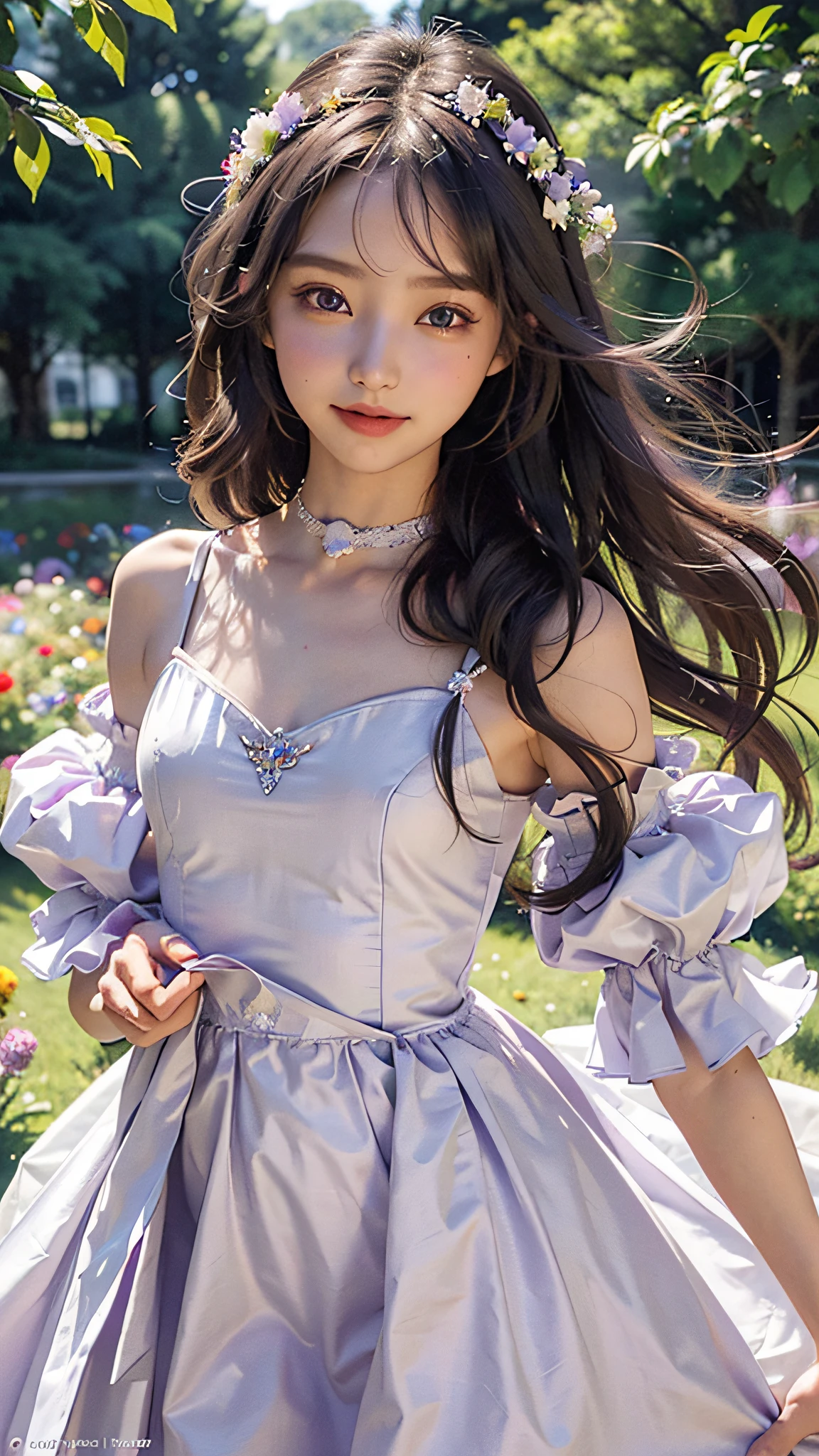 A small loli, long hair, purple flowing costume dress, colorful flowers, delicate nose, delicate lips, smile, clear eyes, delicate hair accessories, fine hair, big eyes, long eyelashes, clear face, flowers of various colors, beautiful background