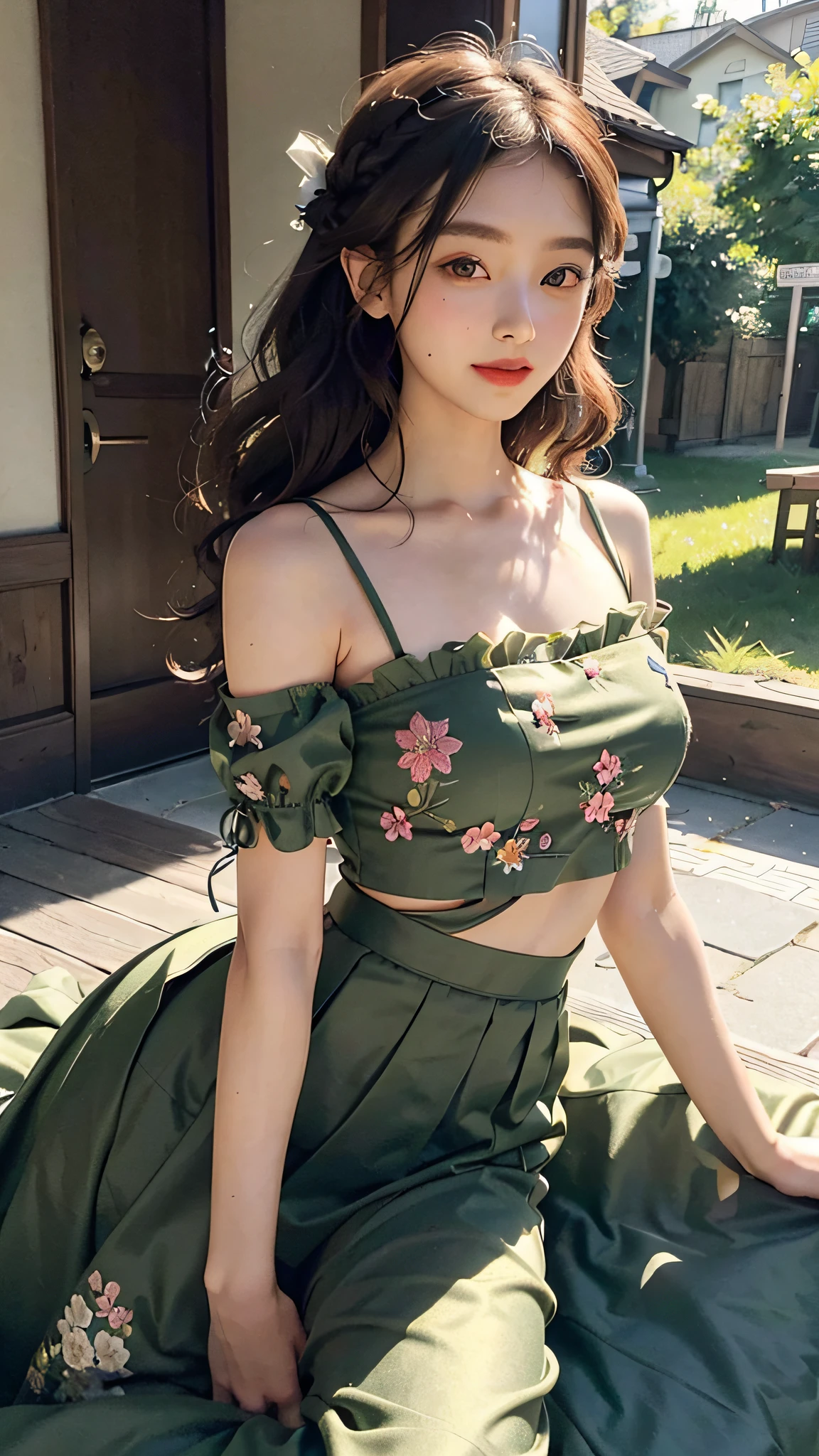 A delicate girl, tulle shoulder straps, vintage embroidered floral top, matcha green, slit skirt, brown fluffy long wavy curls, big round black eyes, big clear eyes, moist lips, sweet smile, v1