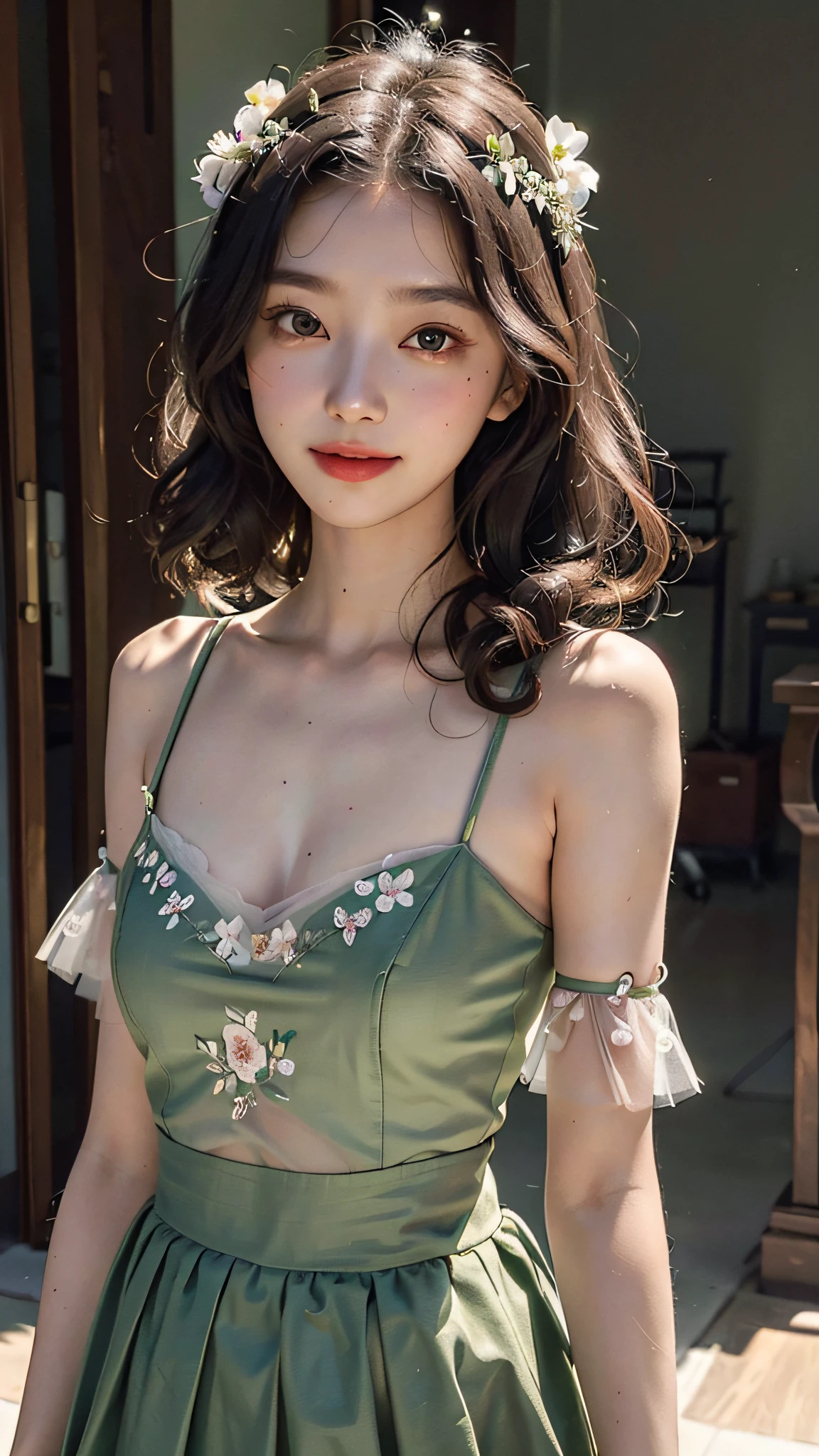A delicate girl, tulle shoulder straps, vintage embroidered floral top, matcha green, slit skirt, brown fluffy long wavy curls, big round black eyes, big clear eyes, moist lips, sweet smile, v1