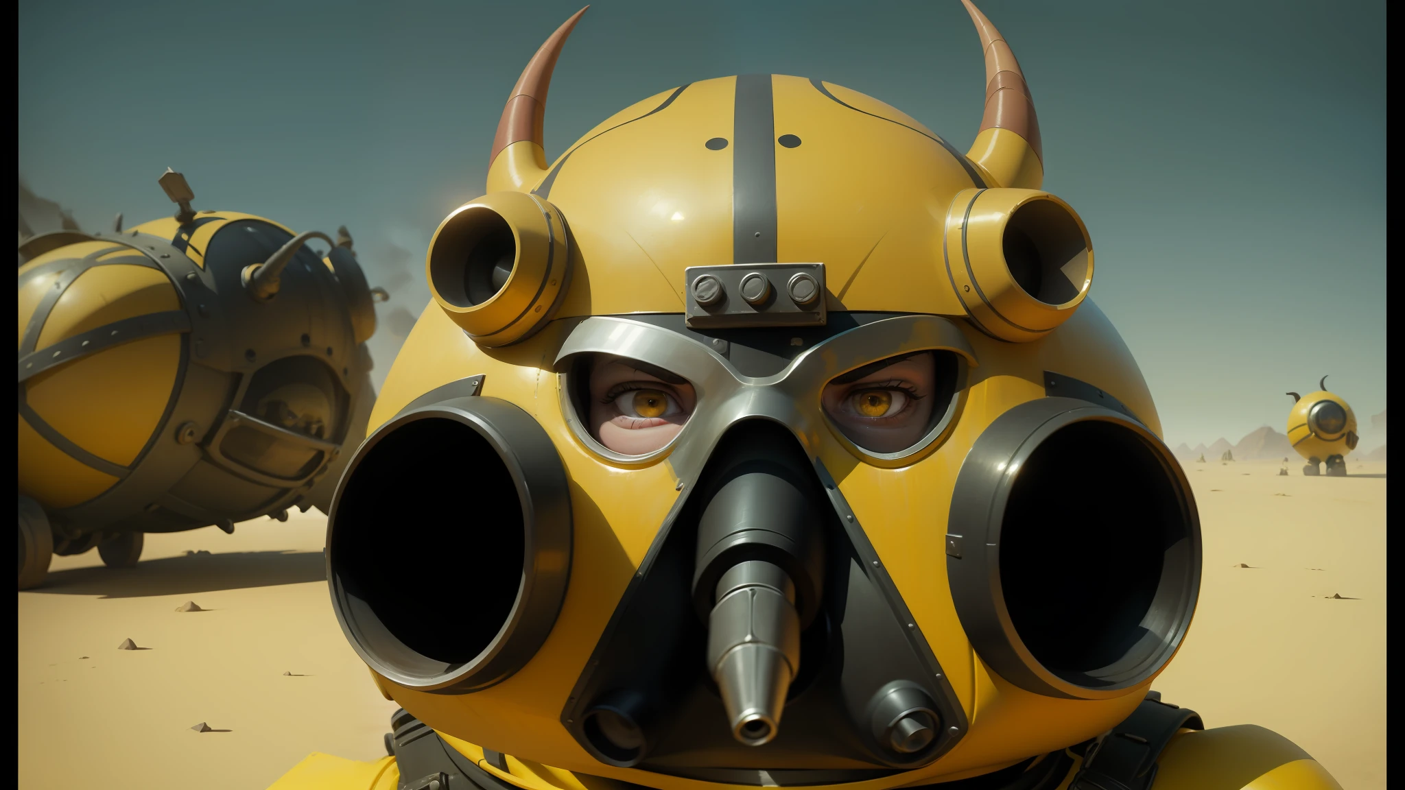 there is a man wearing a gas mask with horns on his head, still from despicable me 2010, in dune, by Jarosław Jaśnikowski, bright yellow color scheme, new vegas style, motorbiker, big pink eyes, by François Quesnel, different closeup view, tusks, inspired by Nicomachus of Thebes
