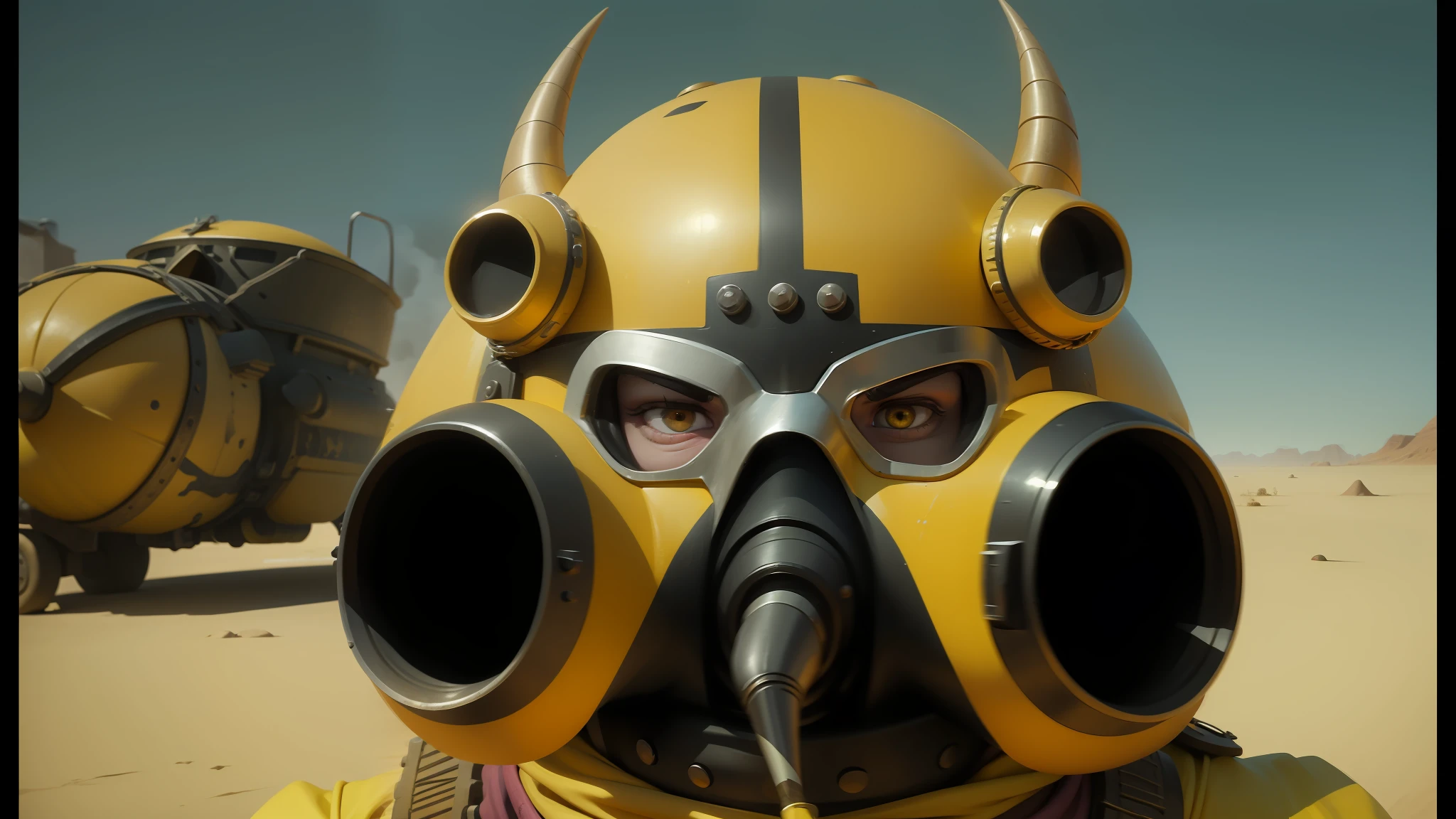 there is a man wearing a gas mask with horns on his head, still from despicable me 2010, in dune, by Jarosław Jaśnikowski, bright yellow color scheme, new vegas style, motorbiker, big pink eyes, by François Quesnel, different closeup view, tusks, inspired by Nicomachus of Thebes