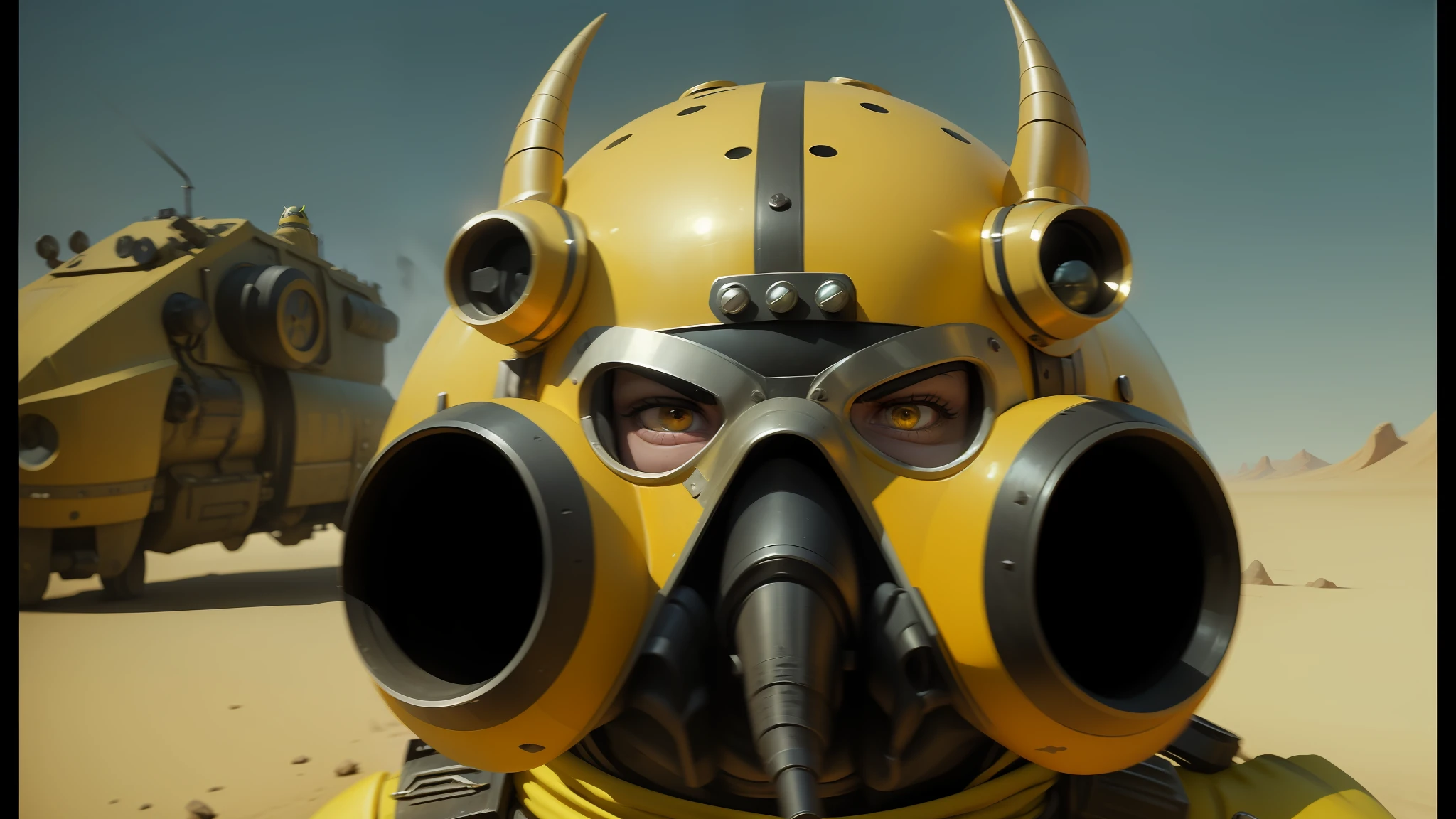 there is a man wearing a gas mask with horns on his head, still from despicable me 2010, in dune, by Jarosław Jaśnikowski, bright yellow color scheme, new vegas style, motorbiker, big pink eyes, by François Quesnel, different closeup view, tusks, inspired by Nicomachus of Thebes