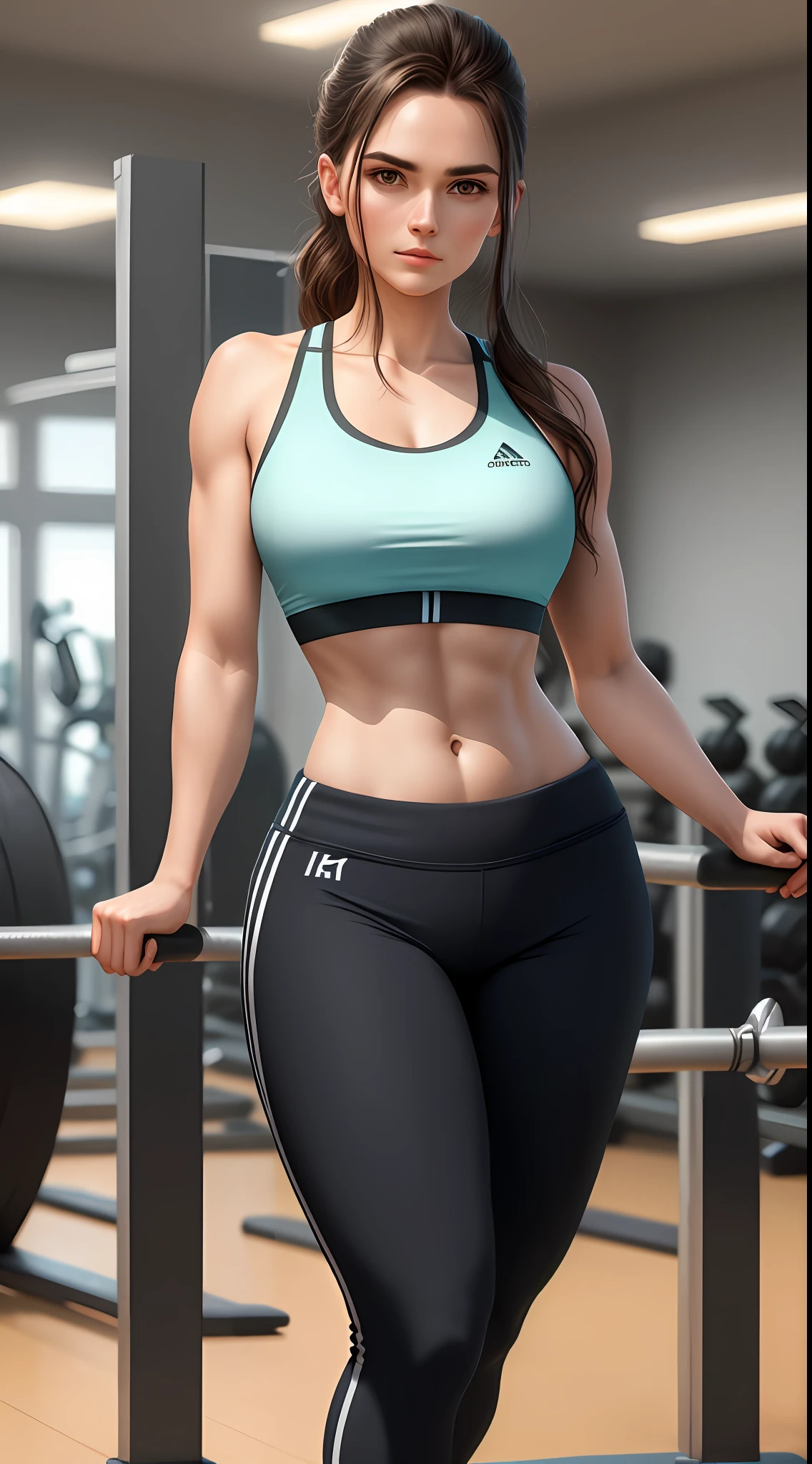 Standing woman wearing gym clothes,beautiful woman abidomem set,,in gym,high realistic image,highly detailed,4k,high resolution
