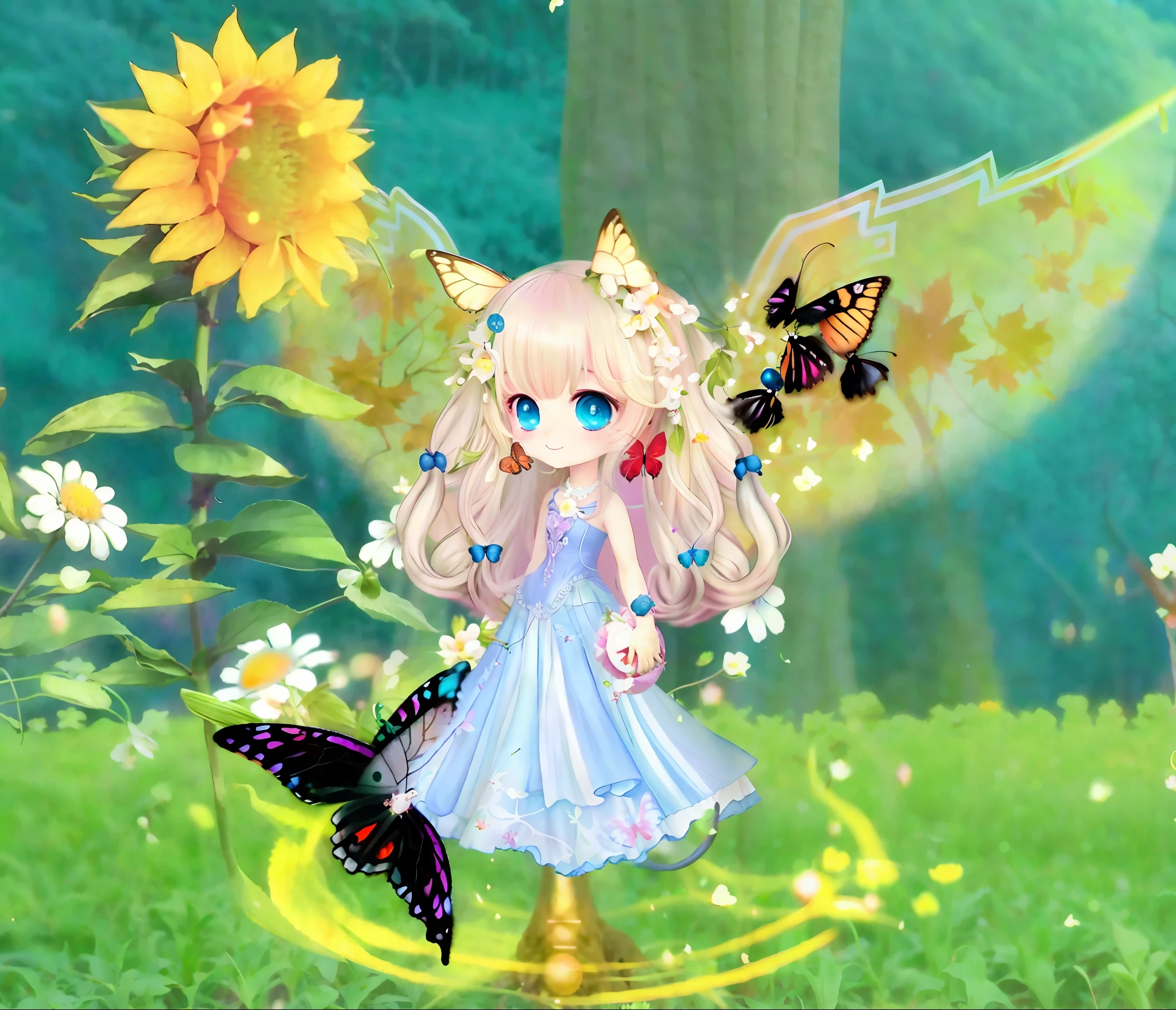 Anime Girl + Field + Summer Forest + Butterfly + Fairy Queen + Maple + Astral Goddess + Smile + Flower Punk + Angel + Ethereal + Bloom + Chibi + Gorgeous + Forest + Fantasy Costume + Swing + Aesthetics + Cute + Flutter 8K