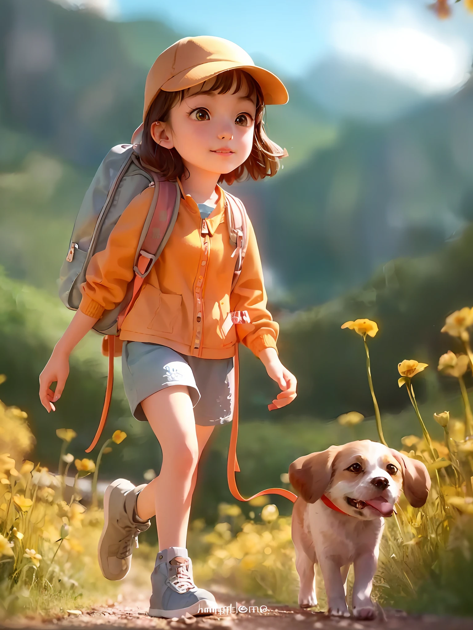 Tip: A very charming  girl with a backpack and her cute little dog enjoying a lovely spring outing surrounded by beautiful yellow flowers and nature. The illustration is a high-definition illustration in 4K resolution with highly detailed facial features and cartoon-style visuals. Cyberpunk