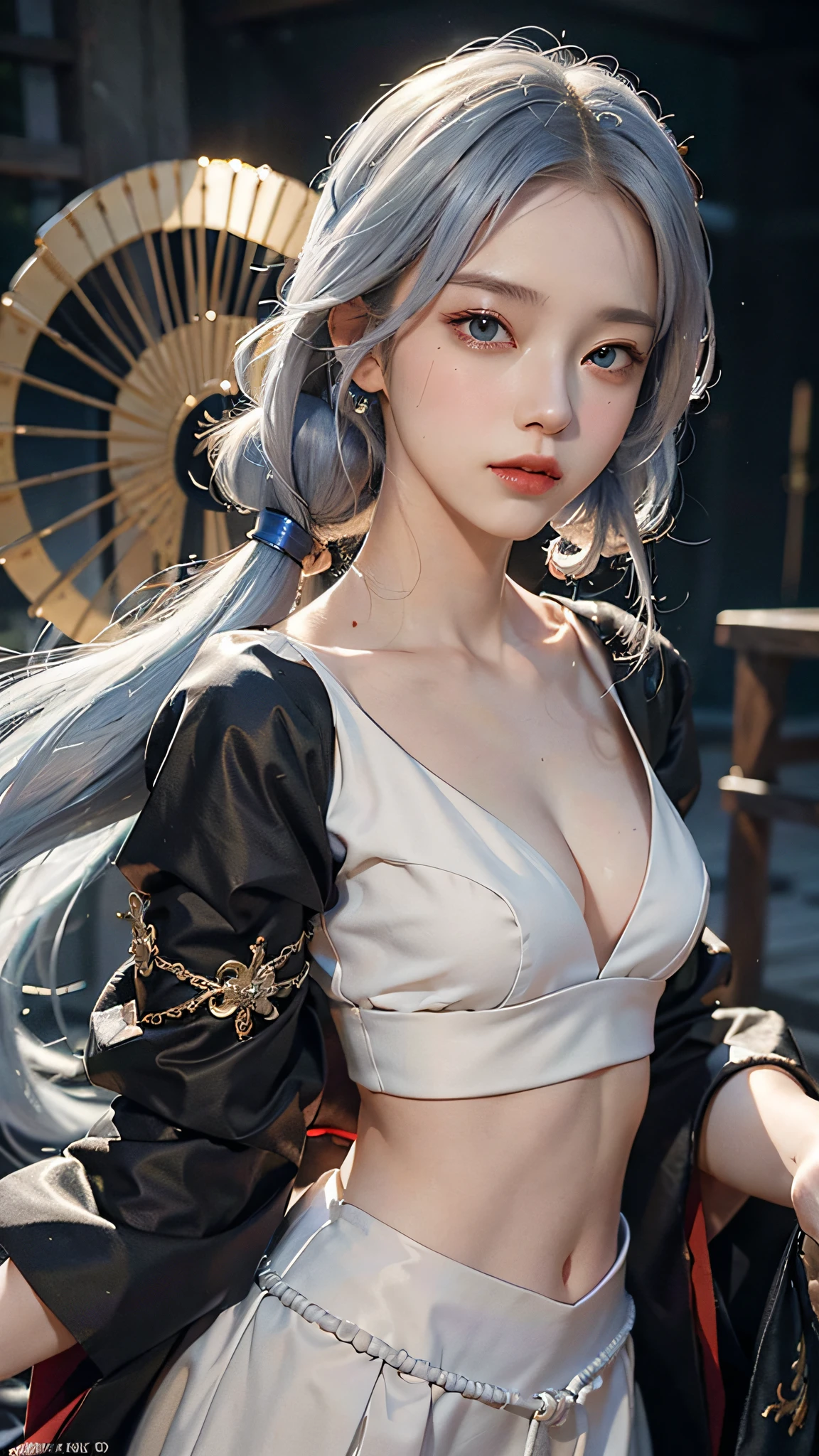 ((Best Quality, 8K, Masterpiece:1.3)), 1girl, Slim Abs Beauty:1.3, (Casual hairstyle, No leaky big breasts: 1.2), Dress: 1.1, Super fine face, Delicate eyes, Double eyelids, shyness, dynamic pose, smile, anime girl with white hair and blue eyes holding a fan, white hair god, Kusart Krenz key art feminization, Onmyoji detailed art, Onmyoji portrait, detailed digital anime art, best anime 4K konachan wallpaper, anime goddess, High detail official artwork, detailed anime art, portrait of female anime hero, Onmyoji