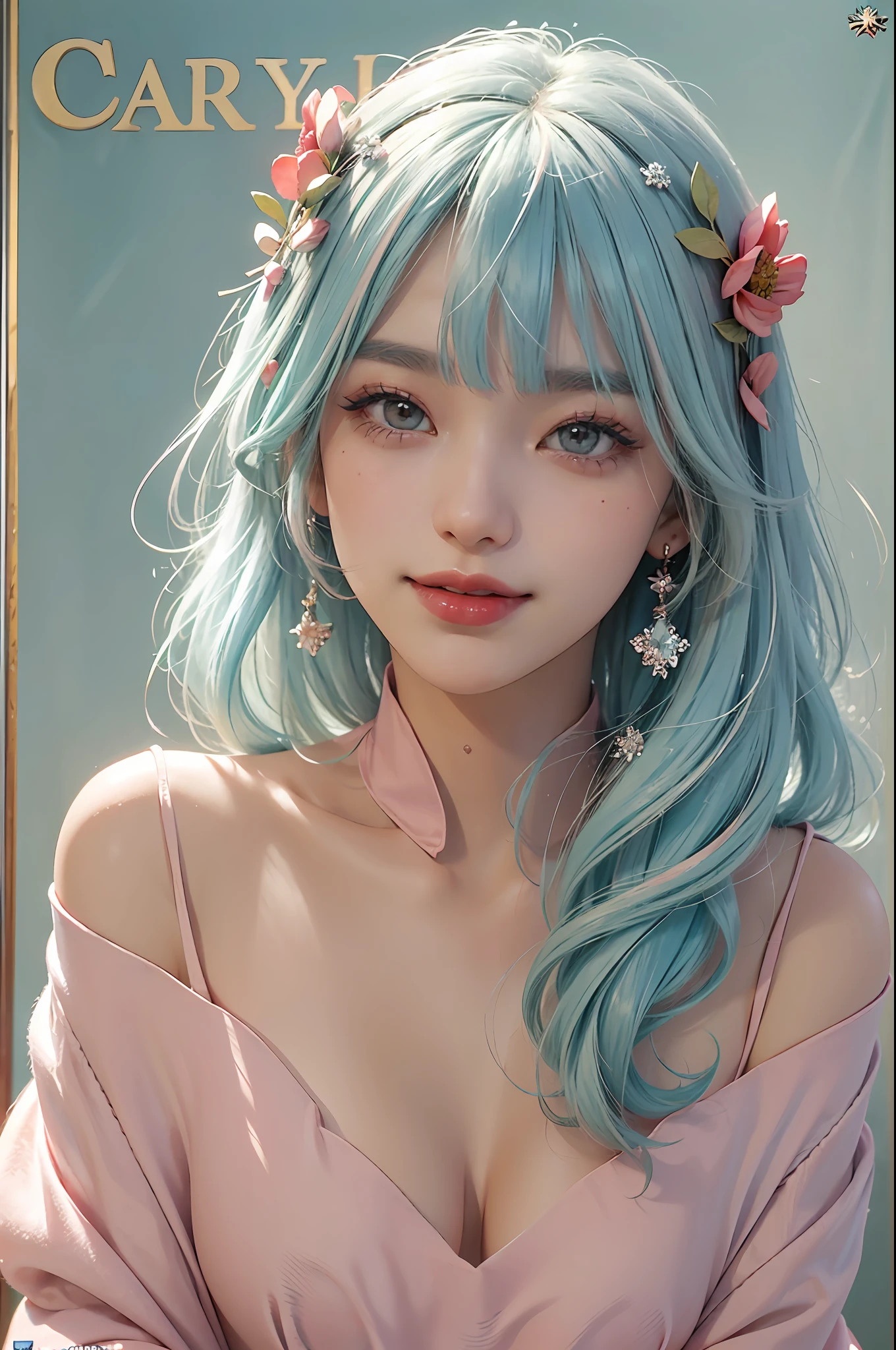 (Fluorescent color: 1.4), (Translucent: 1.4), (Vintage filter: 1.4), (Fantasy: 1.4), Candy World Disneyland Ethereal soft Fluffy Soft Landscape Forest Snowflakes Pale Pink Sky Green ((Blue Pink Hair)), (Coiled Hair)), Light Blue, Sparkling Ethereal Light Soft Whimsical Light Diamond sparkle Gemstone background Ultra-realistic Ultra-high-quality cinematic lighting Huge details Full HD painting Well-lit, diagonal bangs,
Collared dress, sides
Masterpiece, Best Quality, Real Skin, (Portrait: 1.5), 1 Girl, Blunt Bangs, Long Hair, Sea of Flowers, Smell Flowers, Wear Flowers on Head, (((Smile)), (Red Lipstick), Red Halo, (Blush))), (((Shy)), Eyelashes, Eyeliner, Makeup, Short Hair, ((Round Garland on Head)), Laugh, Close Eyes, (Standing), ((Poster)), ((Japanese Text)), Article, Daigi Post, ((Cover)), Cover Text,