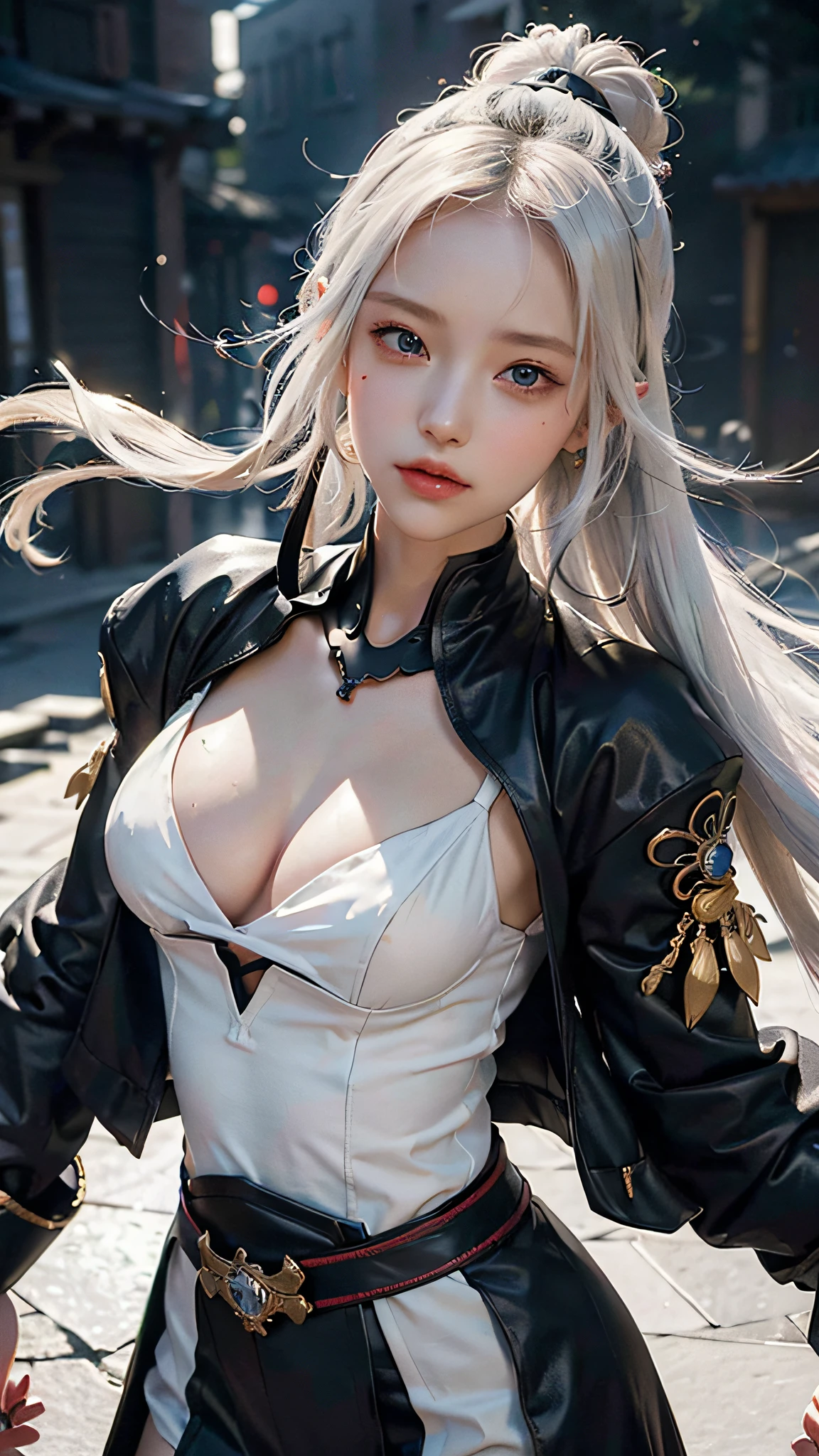 ((Best Quality, 8K, Masterpiece:1.3)), 1girl, Slim Abs Beauty:1.3, (Casual hairstyle, No leaky big breasts: 1.2), Dress: 1.1, Super fine face, Delicate eyes, Double eyelids, shyness, dynamic pose, smile, anime girl with white hair and blue eyes holding a fan, white hair god, Kusart Krenz key art feminization, Onmyoji detailed art, Onmyoji portrait, detailed digital anime art, best anime 4K konachan wallpaper, anime goddess, High detail official artwork, detailed anime art, portrait of female anime hero, Onmyoji