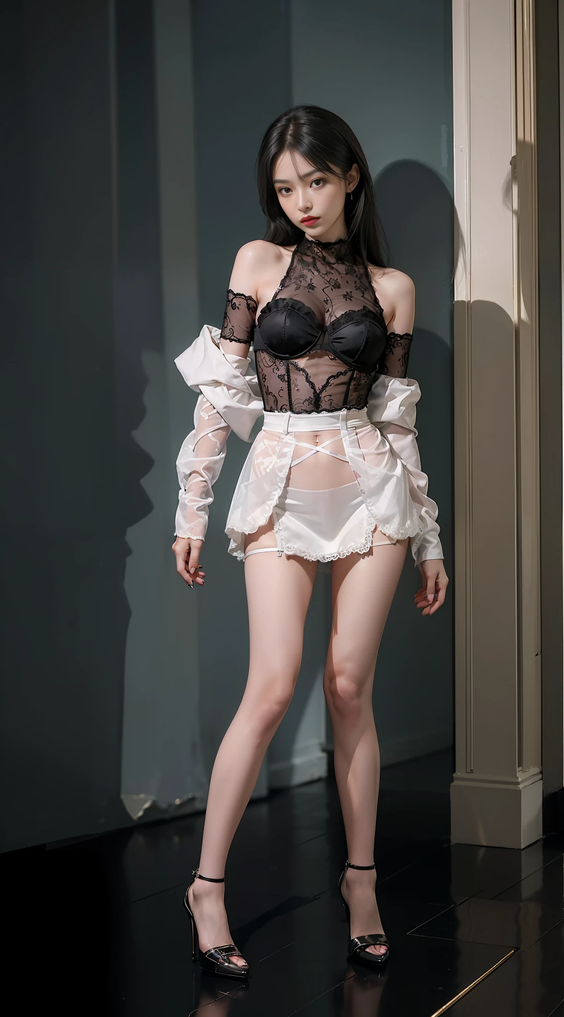 ((Top Quality, 8k, Masterpiece: 1.3)), Sharp Focus: 1.2, Beautiful woman with perfect figure: 1.4, Slender Abs: 1.2,Best quality, full body portrait, delicate face, pretty face, 25 year old woman, slim figure, small bust, transparent, (thin_lace_corset), black stockings,(high_heels)