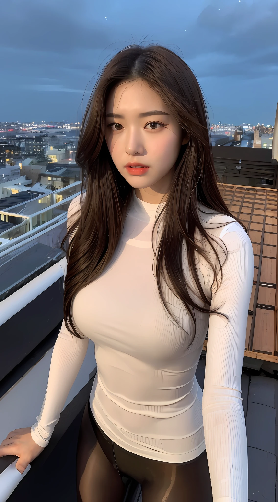 ((Acura, 8K, Masterpiece:1.3)), Full body, Long legs, Focal length: 1.2, Perfect Body Beauty: 1.4, Slim Abs: 1.1, ((Dark brown layered hair, Big breasts: 1.2) ), (White skinny T-shirt, leggings, standing: 1.2), ((City Night View, Roof: 1.3)), Highly detailed face and skin texture, Detailed eyes, Double eyelids There is a woman wearing a transparent top, translucent sheets, transparent translucent cloth, smooth translucent white skin, Exposed clothes, pantyhose tights, see-through, seductively looking ahead, see-through, torn pantyhose, pantyhose, iridescent shiny see-through underwear, waist shot, full-length and white stockings, lift your own white skirt with your hands,