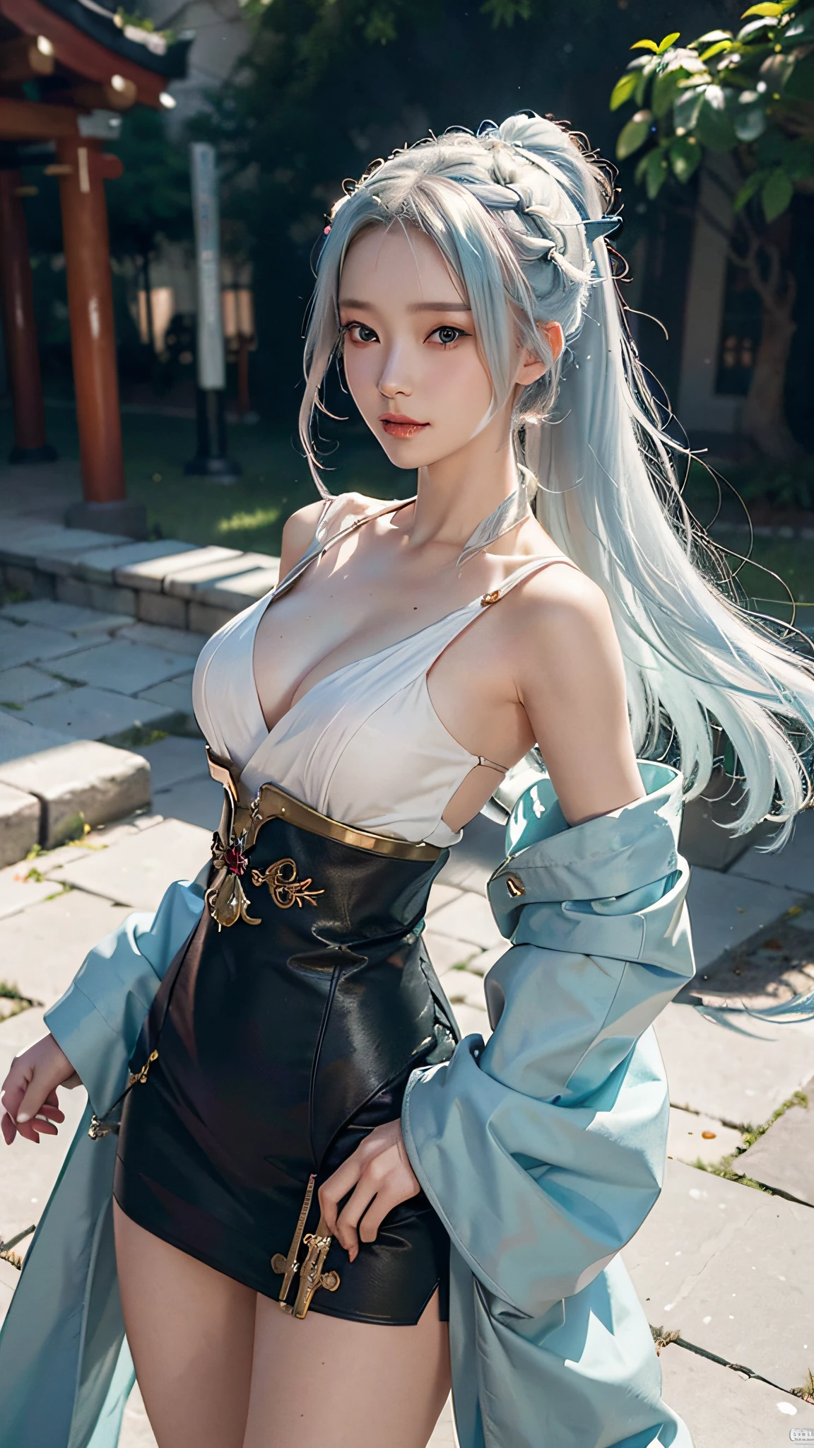 ((Best Quality, 8K, Masterpiece:1.3)), 1girl, Slim Abs Beauty:1.3, (Casual hairstyle, No leaky big breasts: 1.2), Dress: 1.1, Super fine face, Delicate eyes, Double eyelids, shyness, dynamic pose, smile, anime girl with white hair and blue eyes holding a fan, white hair god, Kusart Krenz key art feminization, Onmyoji detailed art, Onmyoji portrait, detailed digital anime art, best anime 4K konachan wallpaper, anime goddess, High detail official artwork, detailed anime art, portrait of female anime hero, Onmyoji