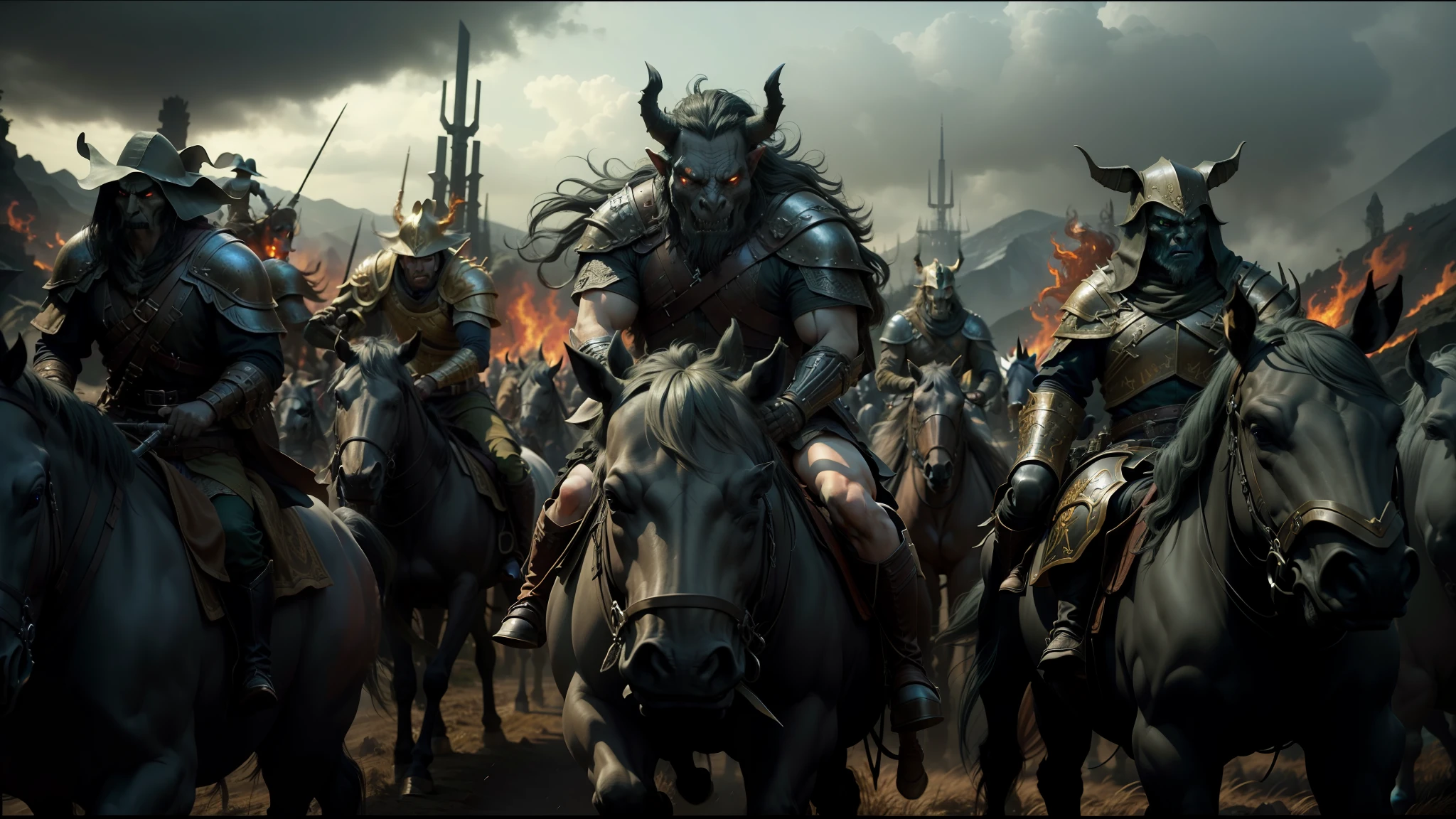 arafed group of men riding horses in a field with flames, the hobbit orc concept, still from the movie, rhinoceros 3d, iridescent technology and weapon, with a skeleton army, machine elves, inspired by Todd Lockwood, epic scene full of computers, by Antonín Slavíček, screengrab, award winning costume design