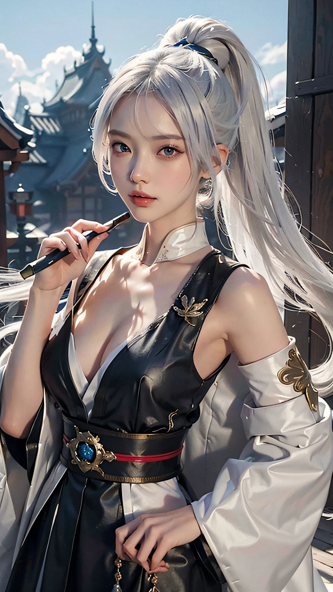 ((Best Quality, 8K, Masterpiece:1.3)), 1girl, Slim Abs Beauty:1.3, (Hairstyle Casual, No Big Breasts: 1.2), Dress: 1.1, Super Fine Face, Delicate Eyes, Double Eyelids, Smile, Anime Girl with White Hair and Blue Eyes Holding a Fan, White Hair God, Kusart Krenz Key Art Feminization, Onmyoji Detailed Art, Onmyoji Portrait, Detailed Digital Anime Art, Best Anime 4K Konachan Wallpaper, Anime Goddess, High Detail Official Artwork, Detailed anime art, portrait of female anime hero, Onmyoji