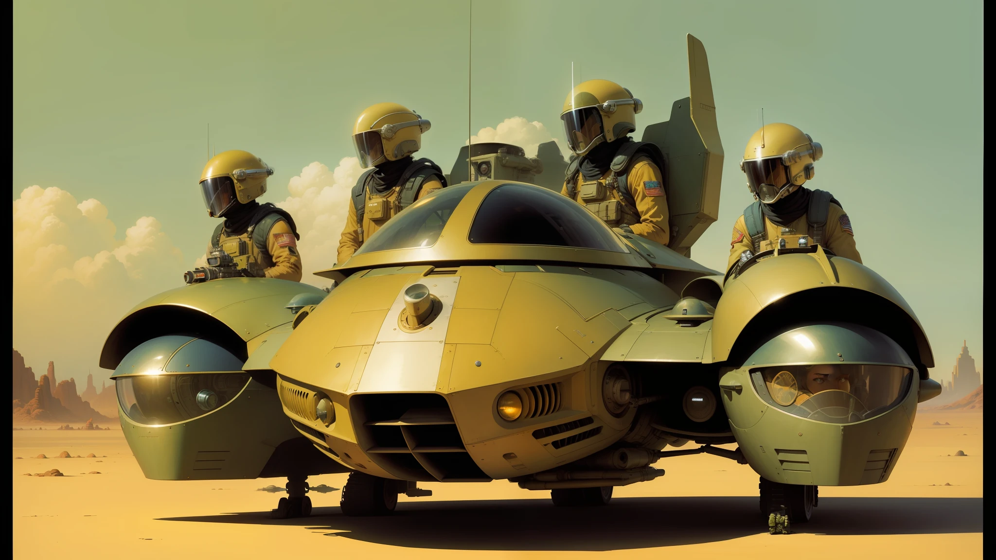 there are four men in a space ship with helmets on, inspired by Les Edwards, trending on vehicle design, widescreen ratio, moebius illustration art, speeder, travis charest, big computer, golden color scheme, diesel punk female
