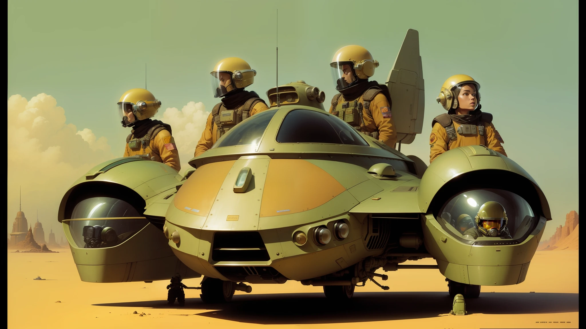 there are four men in a space ship with helmets on, inspired by Les Edwards, trending on vehicle design, widescreen ratio, moebius illustration art, speeder, travis charest, big computer, golden color scheme, diesel punk female