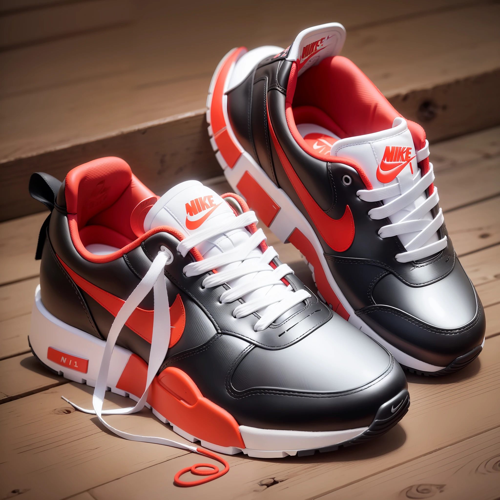1sneaker, (((solo))), (nike, nike logo, leather details, red nike logo, black leather parts, white sole, white sneaker bottom, adult sneakers: 1.15),