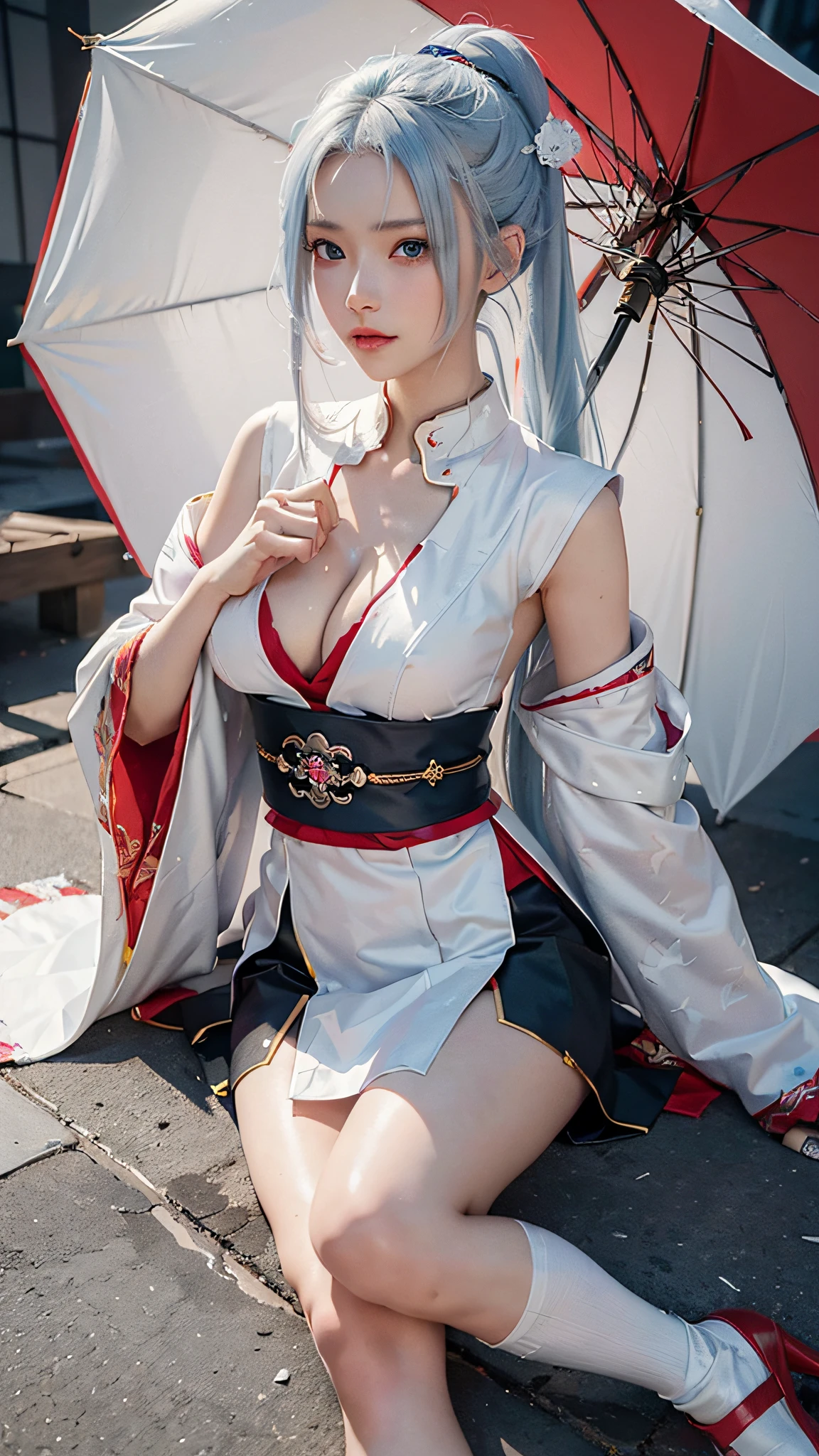 ((Best Quality, 8K, Masterpiece:1.3)), 1girl, Slim Abs Beauty: 1.3, (Casual hairstyle, No leaky big breasts: 1.2), Dress: 1.1, Super fine face, Delicate eyes, Double eyelids, smile, anime girl with white hair and blue eyes holding red umbrella, white hair god, Kusart Krenz key art feminization, Onmyoji detailed art, Onmyoji portrait, detailed digital anime art, best anime 4K konachan wallpaper, anime goddess, high detail official artwork, Detailed anime art, portrait of female anime hero, onmyoji, barefoot, legs, knee-high socks