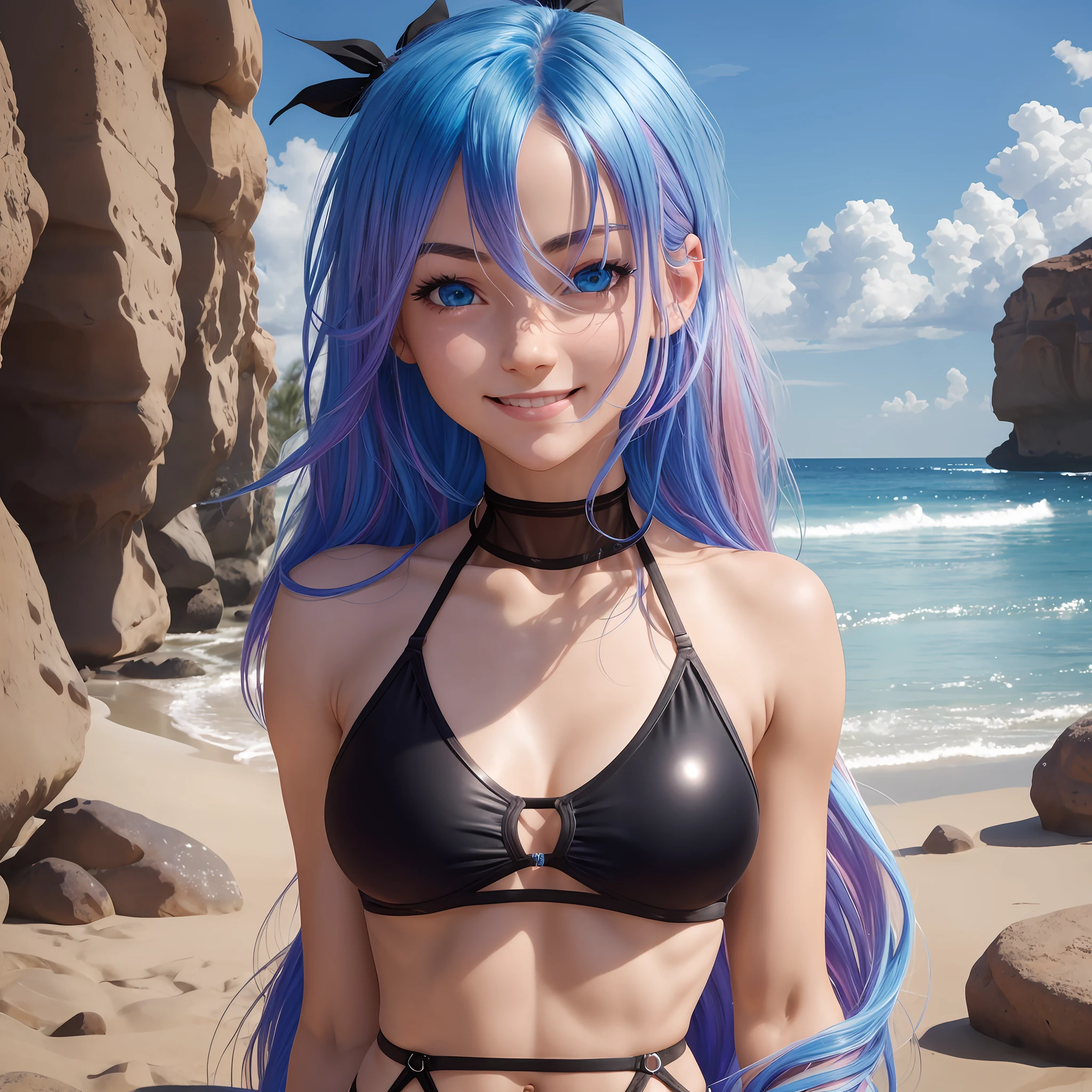 cute girl with colored hair , slim, muscular, blushing, small breasts, perfect skin, blue eyes, black transparent tiny bikini, wearing small black transparent thong, (cameltoe:1.2), , looking at the camera, smiling, having fun, happy, close up,
