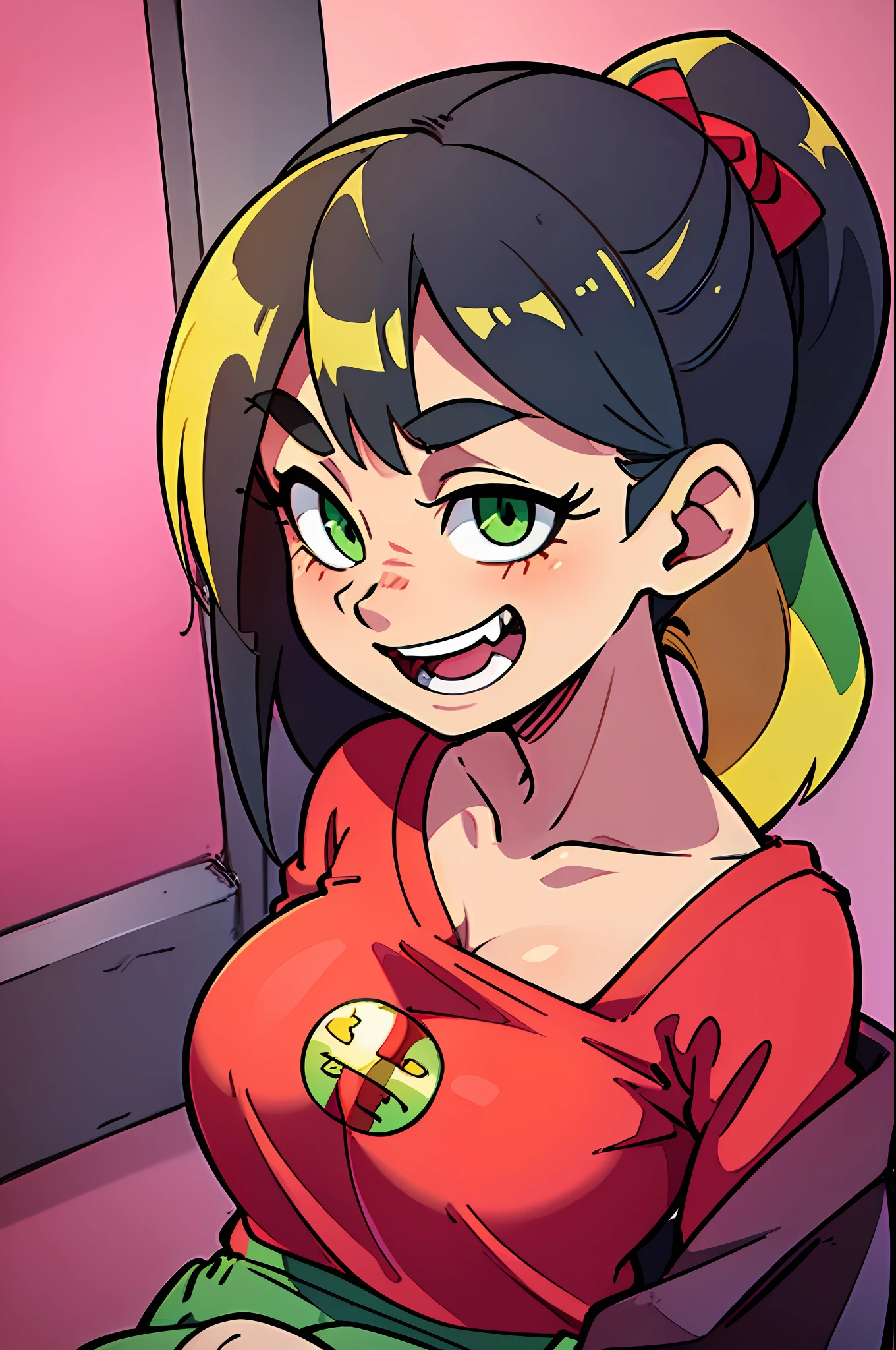 masterpiece, high quality, (anime), best quality, 1girl, very detailed eyes and face, loose red shirt, dynamic light, ((((close-up))), ponytail hair, (pink background: 1.1), (((green eyes))), dark hair, ((((red shirt)))), ((yellow logo)), denim shorts, aquamarine shorts, black hair, yellow ribbon, ((long short))), (gray tights), ((flat chest)), (15 years), small figure, small thighs,  (fire logo), (large size shirt), ((ponytail hair)), ((simple background)), dark greenish hair, ((((laughing))), ((small breast)), (((crossed legs)))), (((standing))),