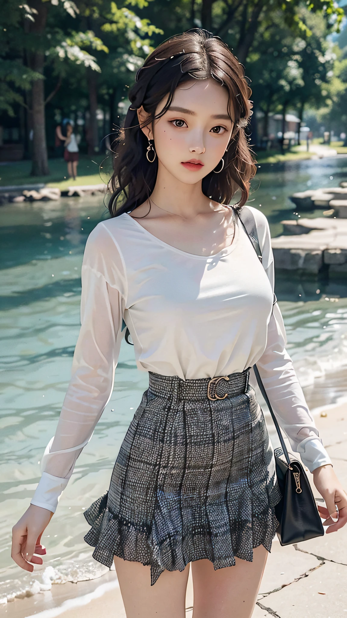 Best Picture Quality, 8K, Masterpiece, Exquisite Jewelry, Gorgeous Jewelry, Delicate Hair Accessories, 1Girl, Beautiful Fashion, Black Curly Hair, Lake Blue Sport Coat, White T-Shirt Underlay, Crossbody Bag, Motion Capture, Standing in the Flowers