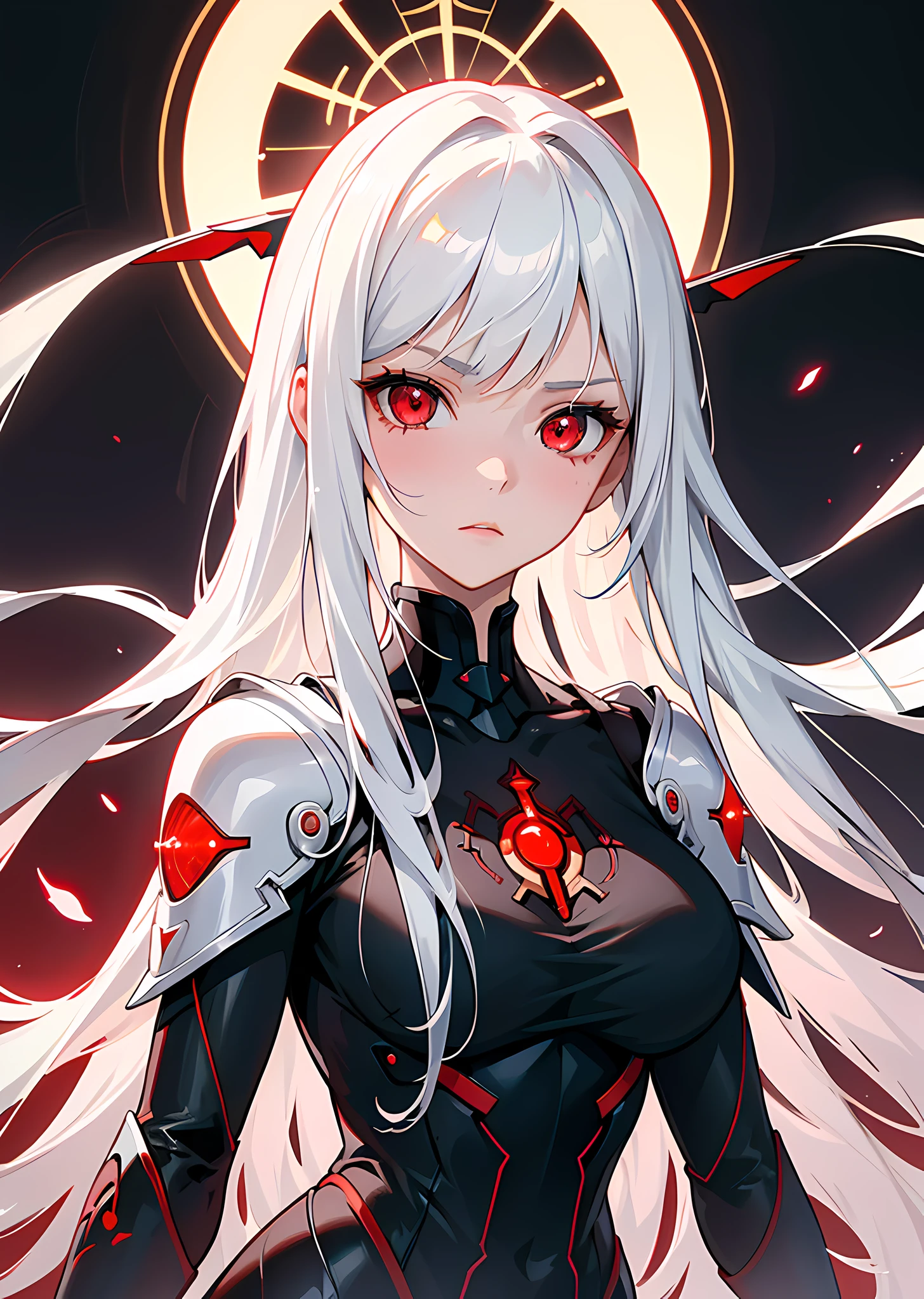 ((Masterpiece: 1.4, Best Quality: 1.2)), 1girl, Personal focus, Tall woman, Delicate face, Stern expression, Extremely detailed anime face and eyes, Beautiful white armor, Hourglass characters, White hair, Gradient hair, Very long hair, Red eyes, Glowing eyes, Web costume on face, Holding plasma katana, eye-catching, Futuristic setting, Silhouette, black-red theme