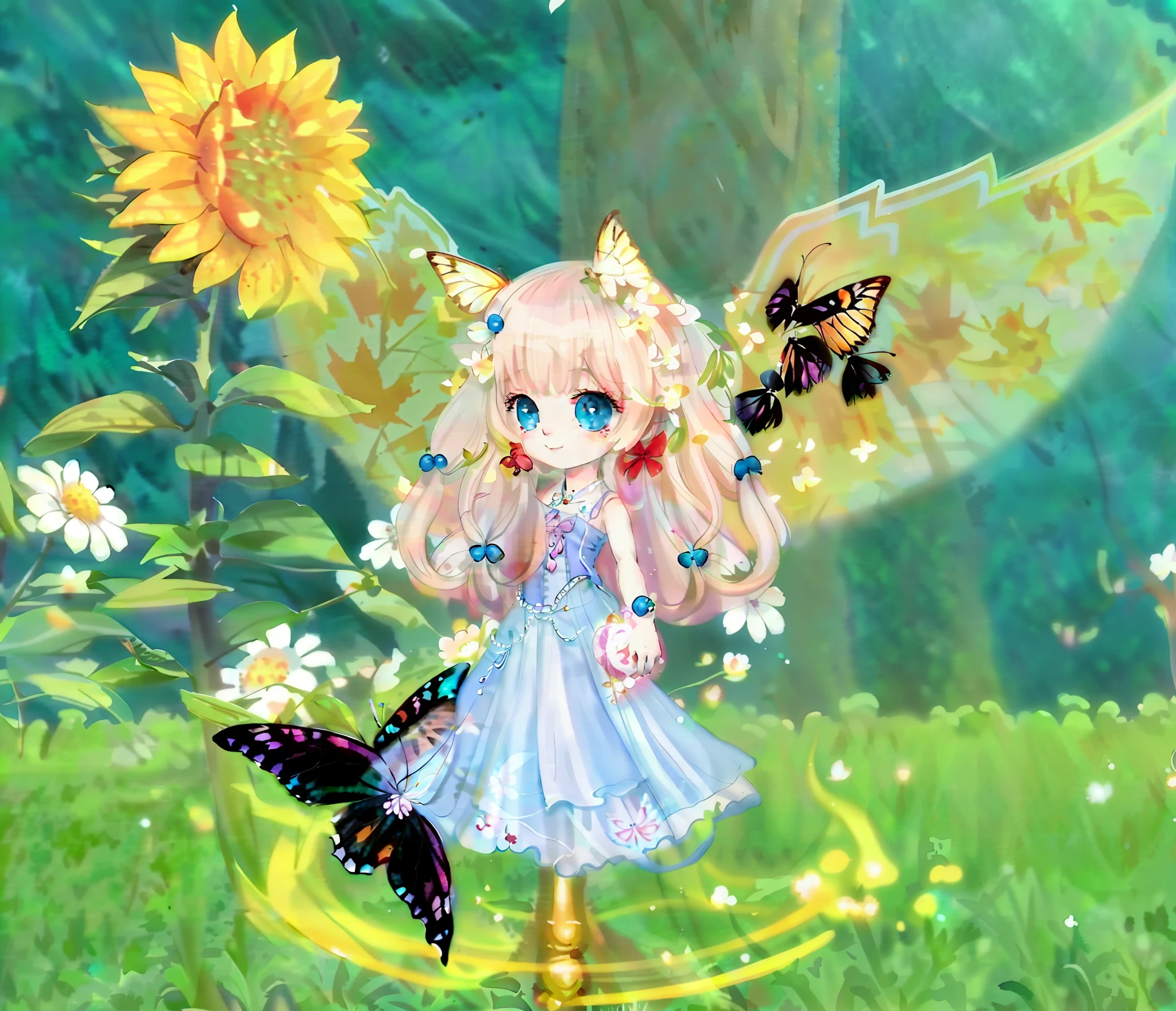 Anime Girl + Field + Summer Forest + Butterfly + Fairy Queen + Maple + Astral Goddess + Smile + Flower Punk + Angel + Ethereal + Bloom + Chibi + Gorgeous + Forest + Fantasy Costume + Swing + Aesthetics + Cute + Flutter 8K