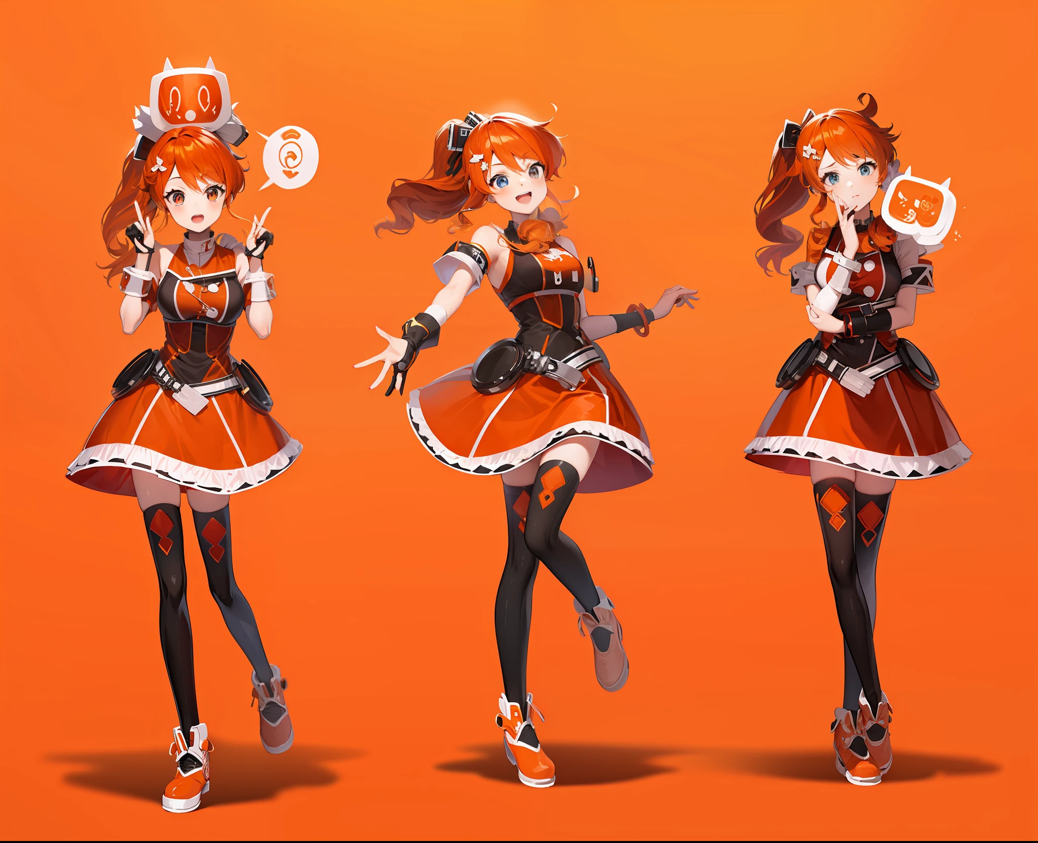 Cute girl with orange hair, anime, high teen, ponytail, loose permed hair, red dress, black costume, white background