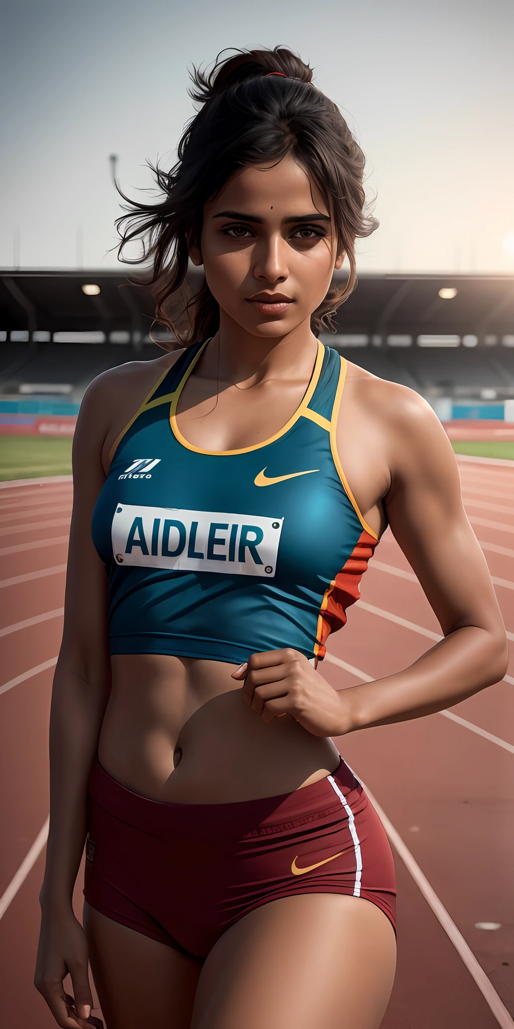 beautiful mature Indian college girl, in track outfit, outside on track field, ((slim, petite)), photorealistic, photo, masterpiece, realistic, realism, photorealism, high contrast, photorealistic digital art trending on Artstation 8k HD high definition detailed realistic, detailed, skin texture, hyper detailed, realistic skin texture, armature, best quality, ultra high res, (photorealistic:1.4),, high resolution, detailed, raw photo, sharp re, by lee jeffries nikon d850 film stock photograph 4 kodak portra 400 camera f1.6 lens rich colors hyper realistic lifelike texture dramatic lighting unrealengine trending on artstation cinestill 800,