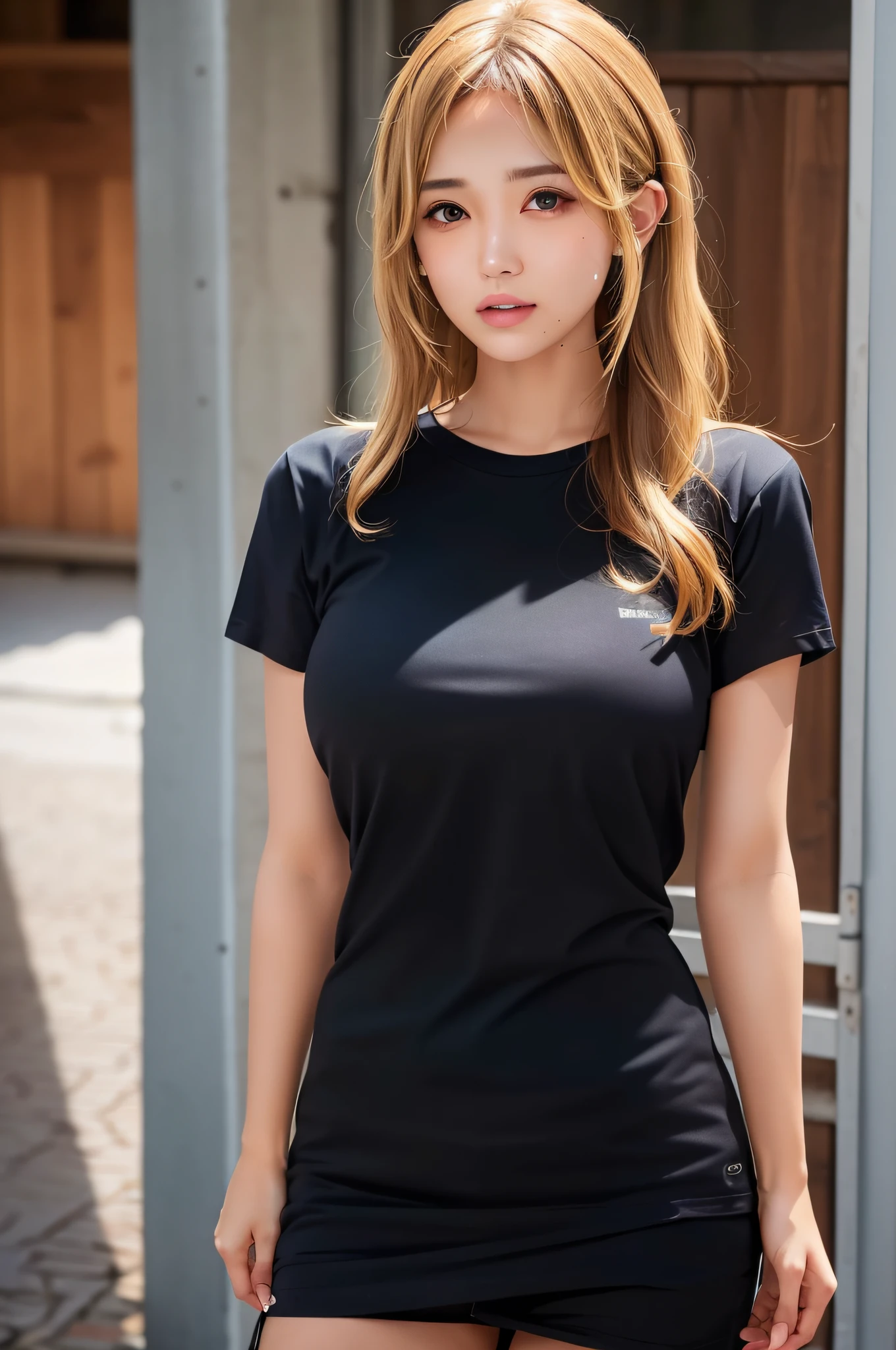 (1girl),large breasts, breasts, tan, dewy skin, sweaty skin, wavy blonde hair, nylon tshirt, punk girl, dark hair, transparent