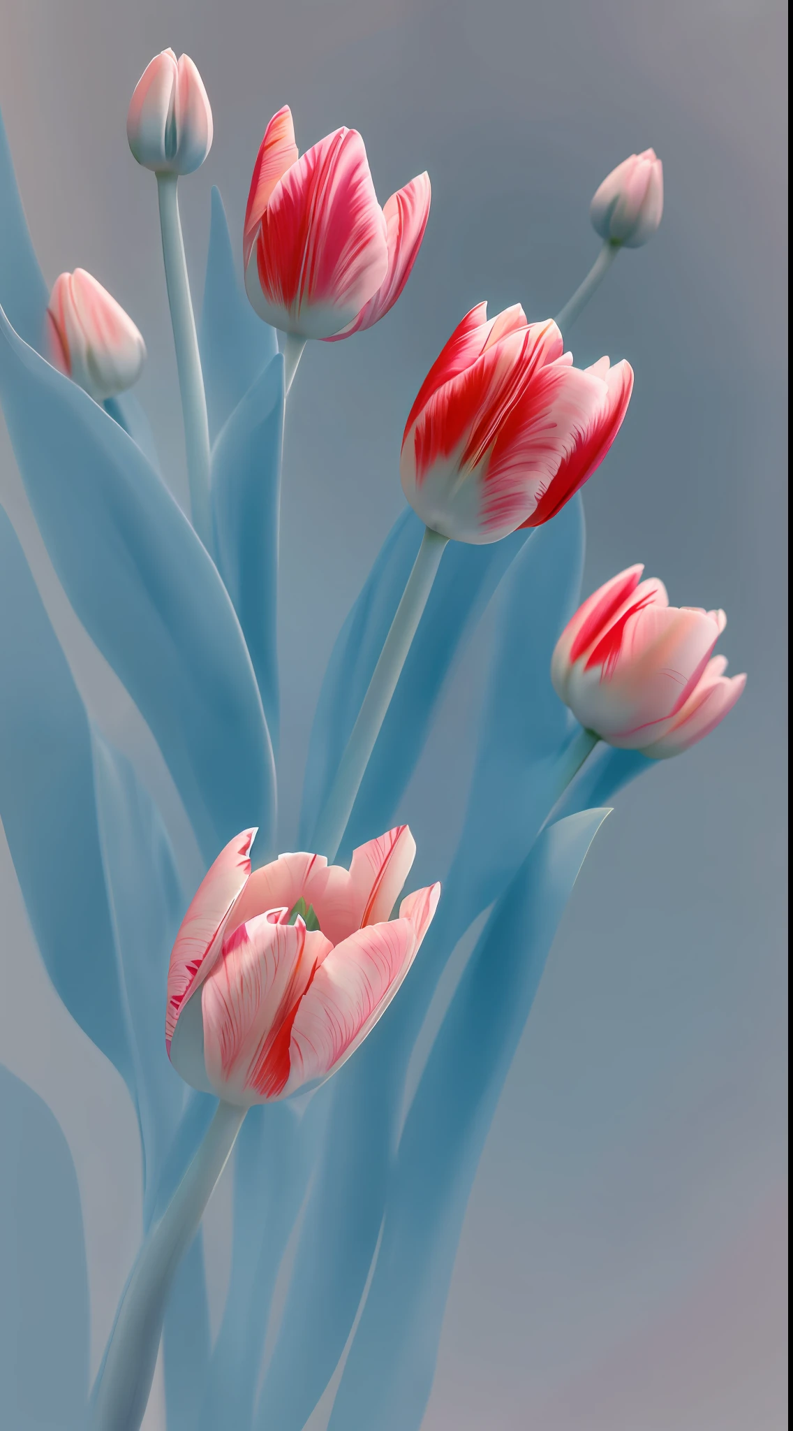 flower, tulip, in the style of light pink and light azure, dreamy and romantic compositions, light azure and amber, ethereal foliage, playful arrangements,