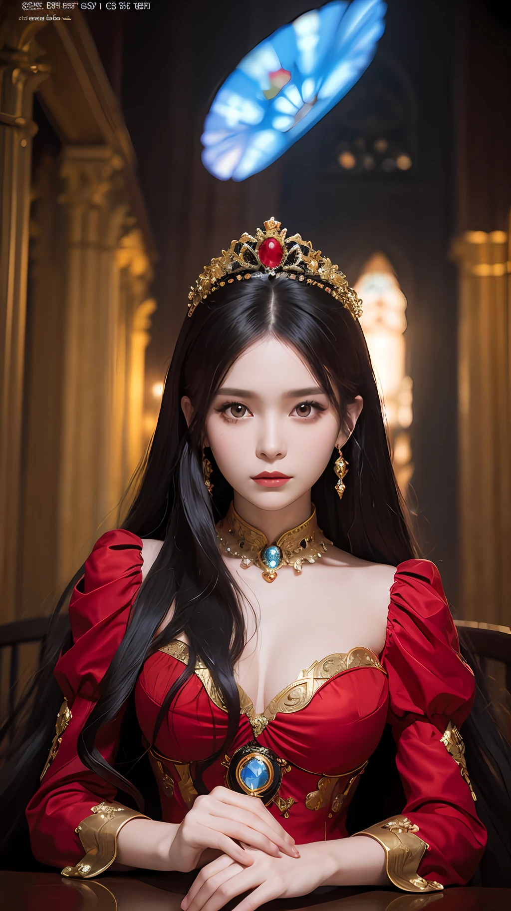 1 heroine, 1 beautiful princess, In the Dark: 1.6), surreal female portrait by David Hockney and Alphonse Mucha, fantasy art, korea doll, photorealism, dynamic lighting, artstation, poster, volumetric lighting, very detailed faces, 8k ultra, all body, Awarded, in the dark, deep shadow, low key, cowboy lens, (Red phoenix dress: 1.4), long hair, black hair, bust, luxurious palace, Royal style, Princess crown, Big round black eyes, style Royal, The most beautiful face, big and regular breasts, Super realistic,