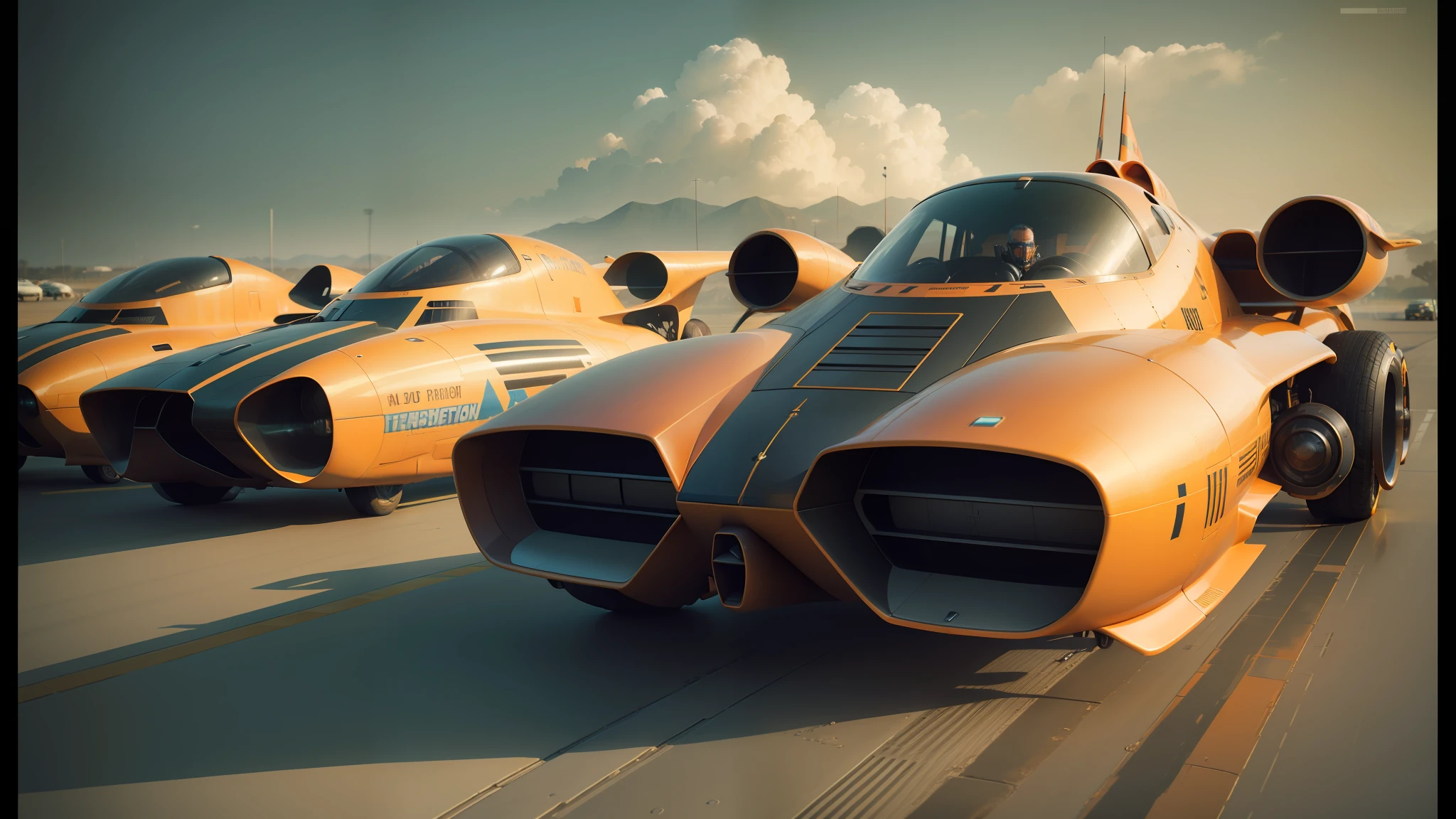 there are four orange airplanes lined up on the runway, ryan glitter concept artist, trending on zbrush, 1 9 7 0 s sci - fi, trend on behance 3d art, concept car, panoramic anamorphic, by Robbie Trevino, beautiful sci - fi twins, 1 9 5 0 s scifi, speeder, 3 dmax, afro futurism, alejandro olmedo
