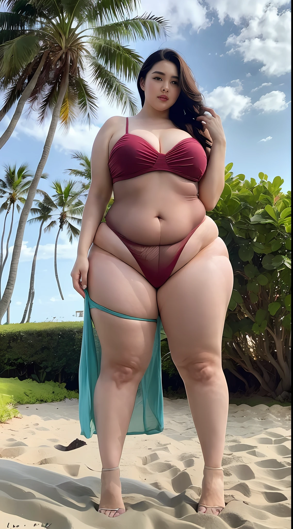(((Very glamorous plus size model)), pink sexy Ranjarry, Beautiful bust emphasized enormity, Beautiful buttocks emphasized enormity, very thick thighs, low fat waist, Araffe, Beautiful thick woman, plump, beautiful curves, sensual body, big cheeks, Curved accentuated female body, widest waist, photo from diagonally behind, full body shot, Beautiful Japan woman, beach in Hawaii