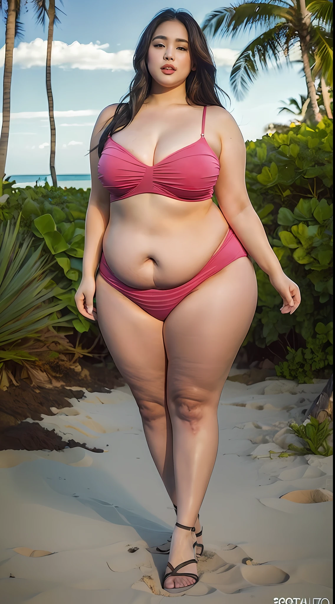 (((Very glamorous plus size model)), pink  Ranjarry, Beautiful bust emphasized enormity, Beautiful  emphasized enormity, very thick thighs, low fat waist, Araffe, Beautiful thick woman, plump, beautiful curves, sensual body, big cheeks, Curved accentuated female body, widest waist, photo from diagonally behind, full body shot, Beautiful Japan woman, beach in Hawaii