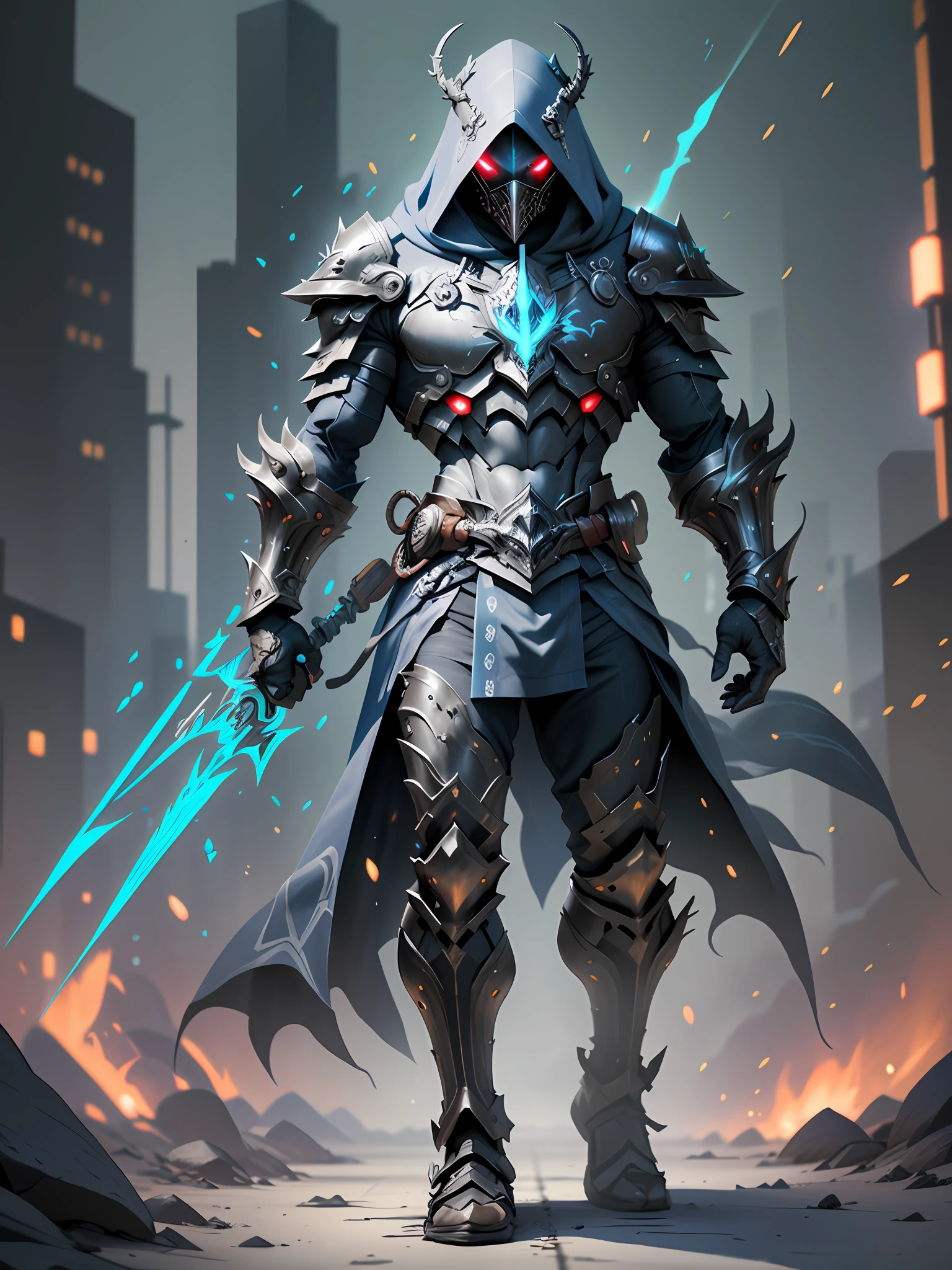 full body realistic hooded sharp ornate armored warriors mans suite, waring mask, white and blue, red green neon, blue neon, extra details armor, Many details, night, front view, battlefield background, full body, full body, all body, front view, wide angle, ultra details, ultra resolution, ultra quality, unreal engine 5, cinematic light, cinematic lighting, cinematic lighting, feet out of frame, super detail, 16k, high quality, best quality, clothes texture,  metal texture, high quality texture, high details, super details