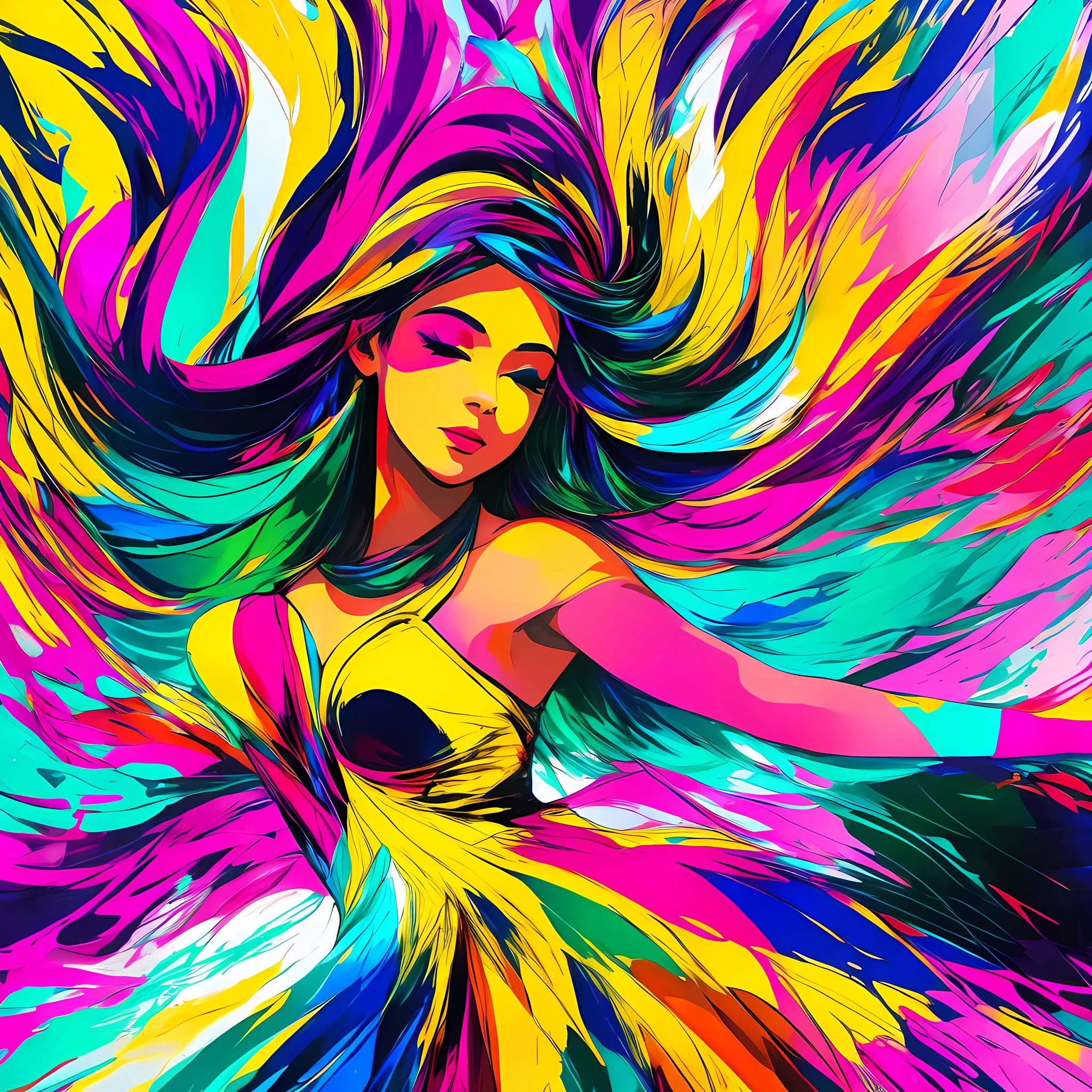 /Dancer dancing as if in a dream covering her face with veils, with a spectacular flowing dress of colors pop art