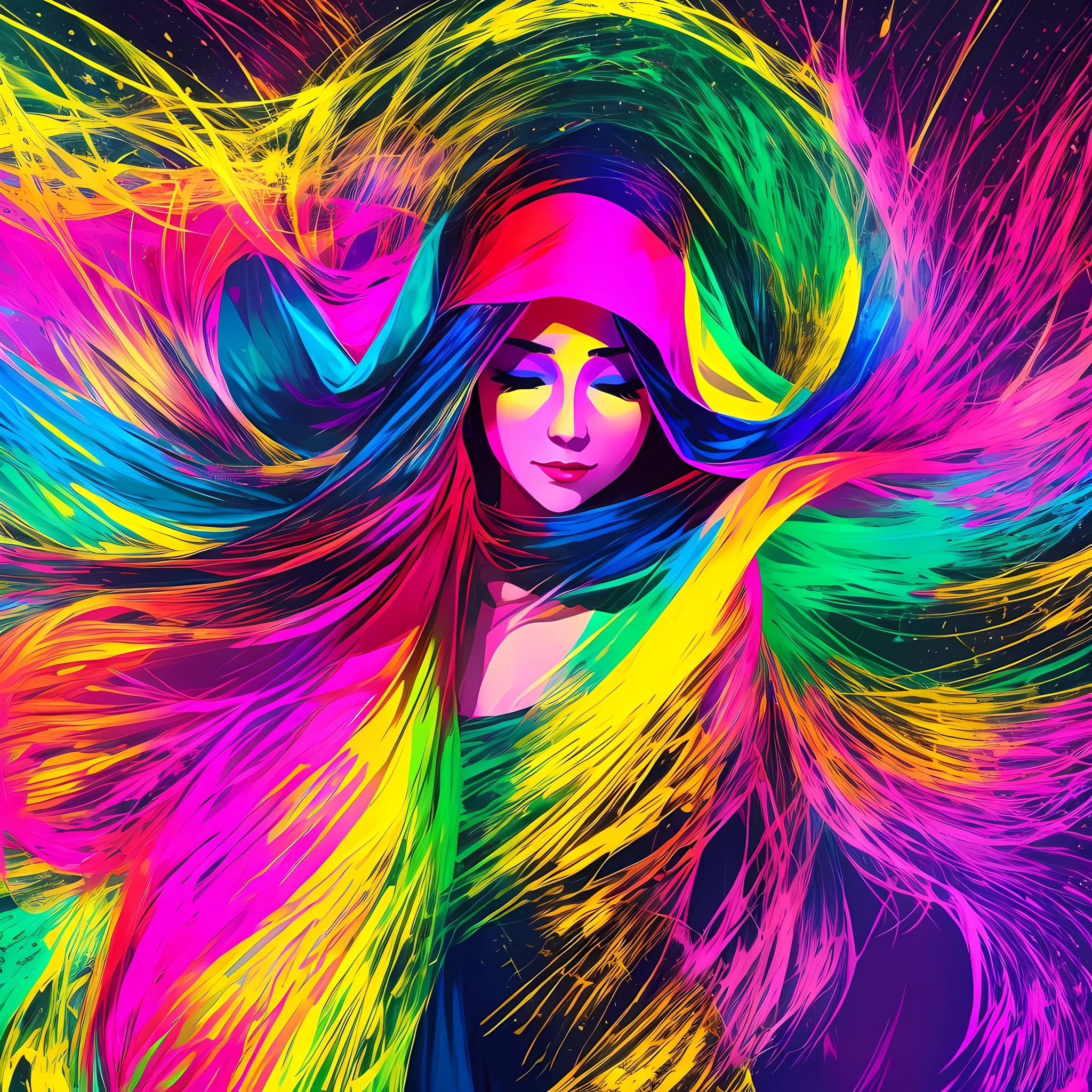 /Dancer dancing as if in a dream covering her face with veils, with a spectacular flowing dress of colors pop art