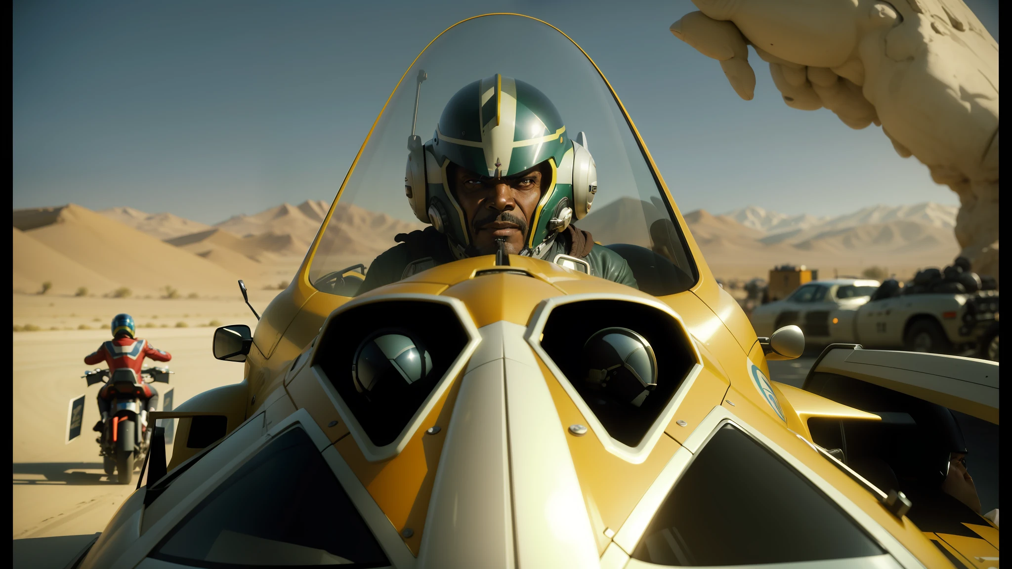 there is a man in a helmet sitting in a vehicle, movie still of a snarling, style of macross, ian mcshane, by D. Howard Hitchcock, an angry lemon, pod racer, colorised, kawasaki, filmation, samuel l jackson, highres, low horizon, smile like a sphinx, winged human, racing, badass, valiant