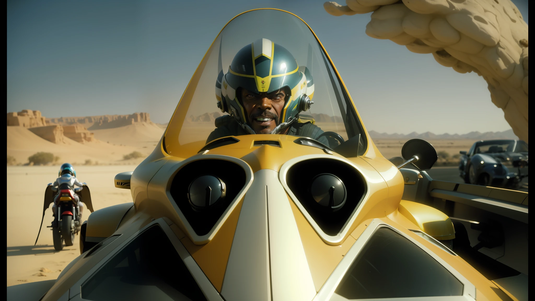 there is a man in a helmet sitting in a vehicle, movie still of a snarling, style of macross, ian mcshane, by D. Howard Hitchcock, an angry lemon, pod racer, colorised, kawasaki, filmation, samuel l jackson, highres, low horizon, smile like a sphinx, winged human, racing, badass, valiant