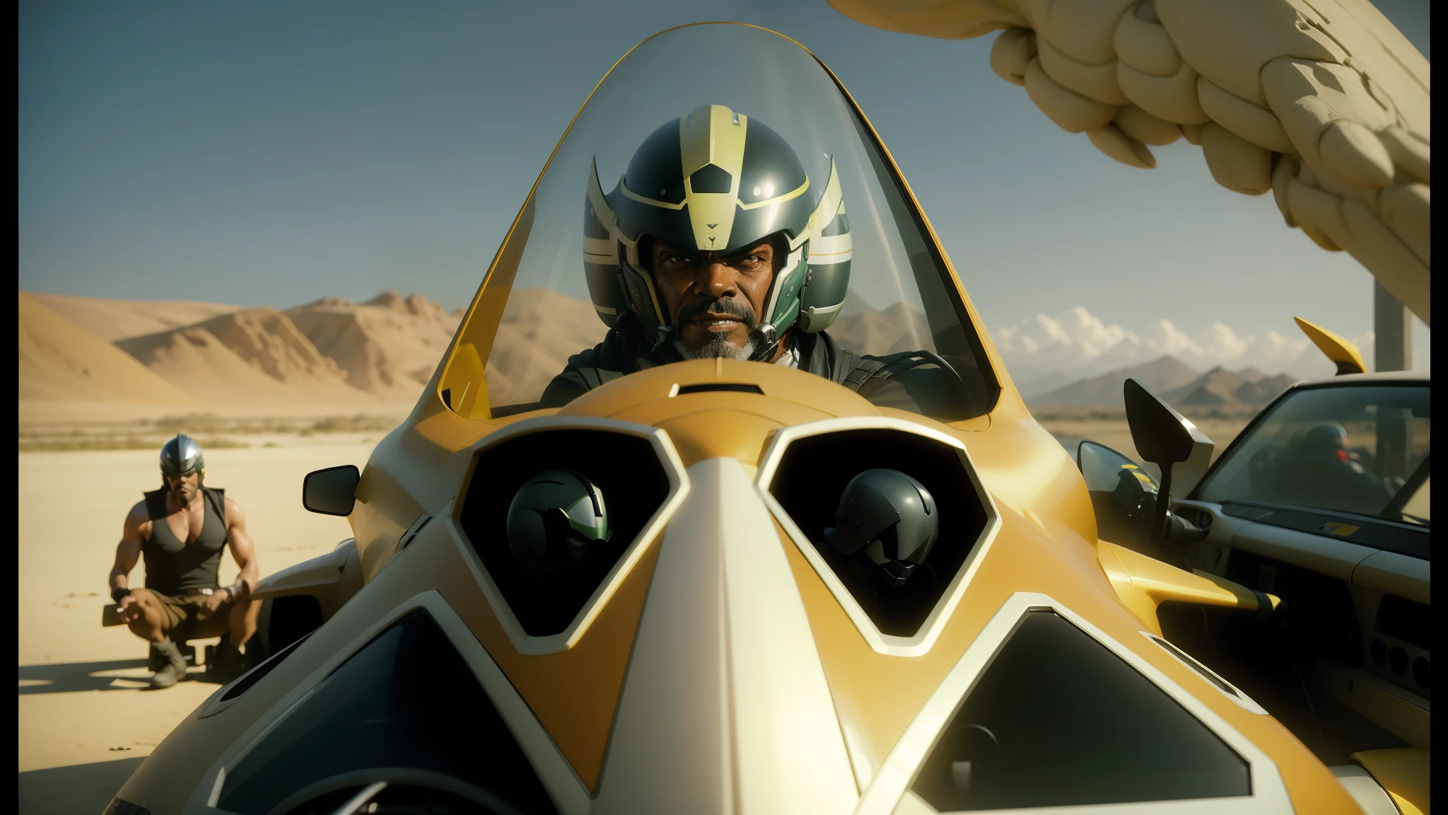 there is a man in a helmet sitting in a vehicle, movie still of a snarling, style of macross, ian mcshane, by D. Howard Hitchcock, an angry lemon, pod racer, colorised, kawasaki, filmation, samuel l jackson, highres, low horizon, smile like a sphinx, winged human, racing, badass, valiant