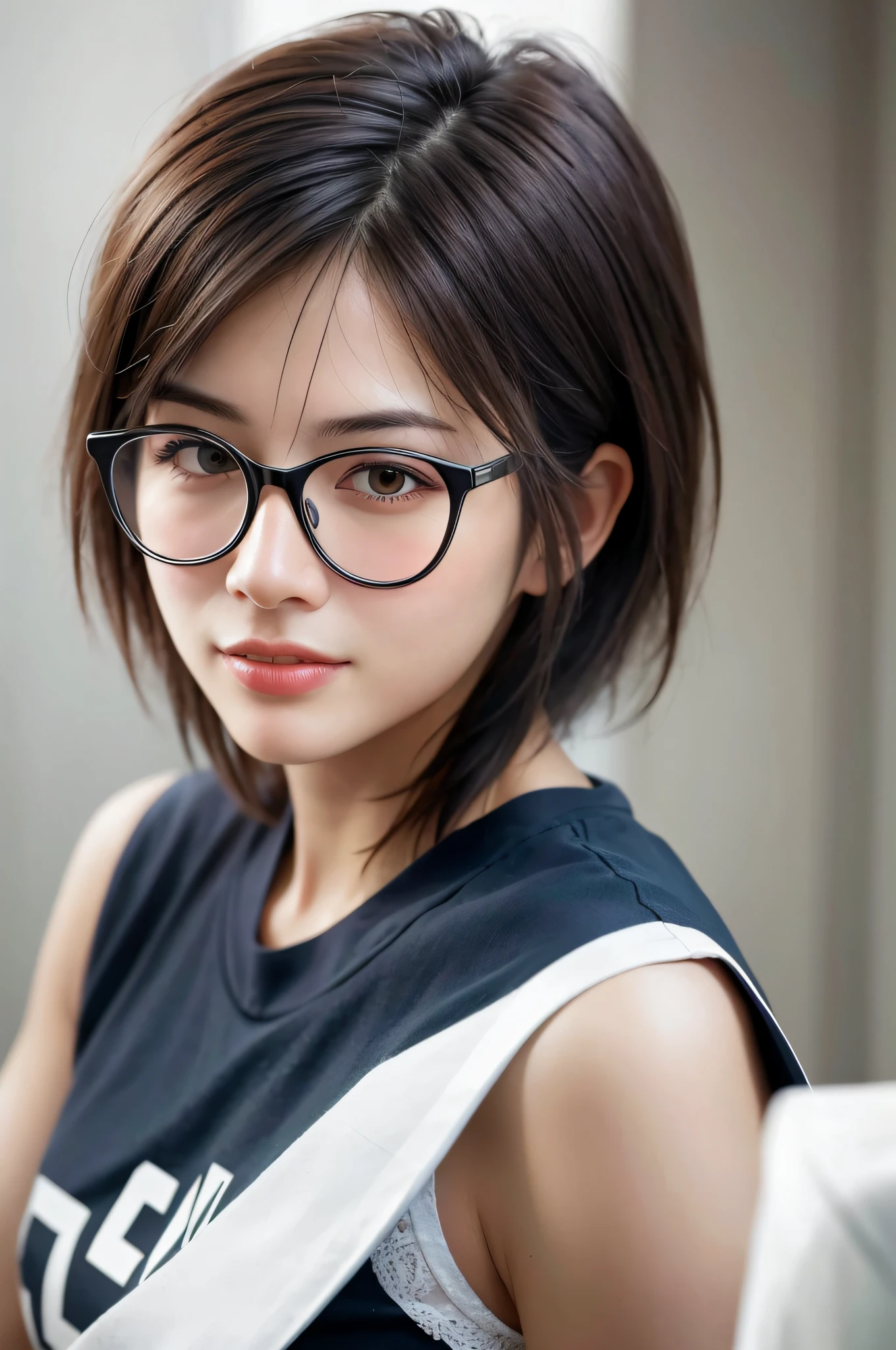 dressed, (photo realistic:1.4), (hyper realistic:1.4), (realistic:1.3),
(smoother lighting:1.05), (increase cinematic lighting quality:0.9), 32K,
1girl with glasses,round glasses,20yo girl, short messy hair, realistic lighting, backlighting, light on face, ray trace, (brightening light:1.2), (Increase quality:1.4),
(best quality real texture skin:1.4), finely detailed eyes, finely detailed face, finely quality eyes,
(tired and sleepy and satisfied:0.0), face closeup, t-shirts,
(Increase body line mood:1.1), (Increase skin texture beauty:1.1)