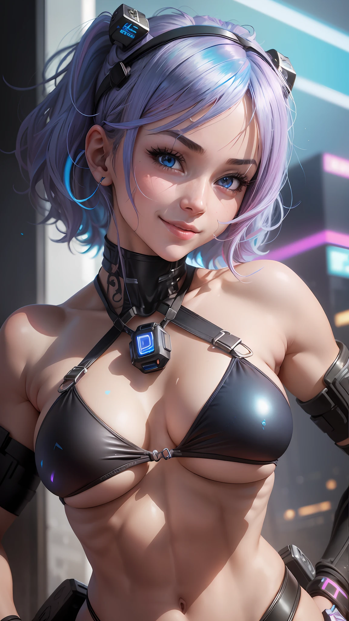 cute girl with colored hair , slim, muscular, blushing, small breasts, perfect skin, blue eyes, black transparent tiny bikini, wearing small black transparent thong, (cameltoe:1.2), , looking at the camera, smiling, having fun, happy, close up, cyberpunk style realistic detailed