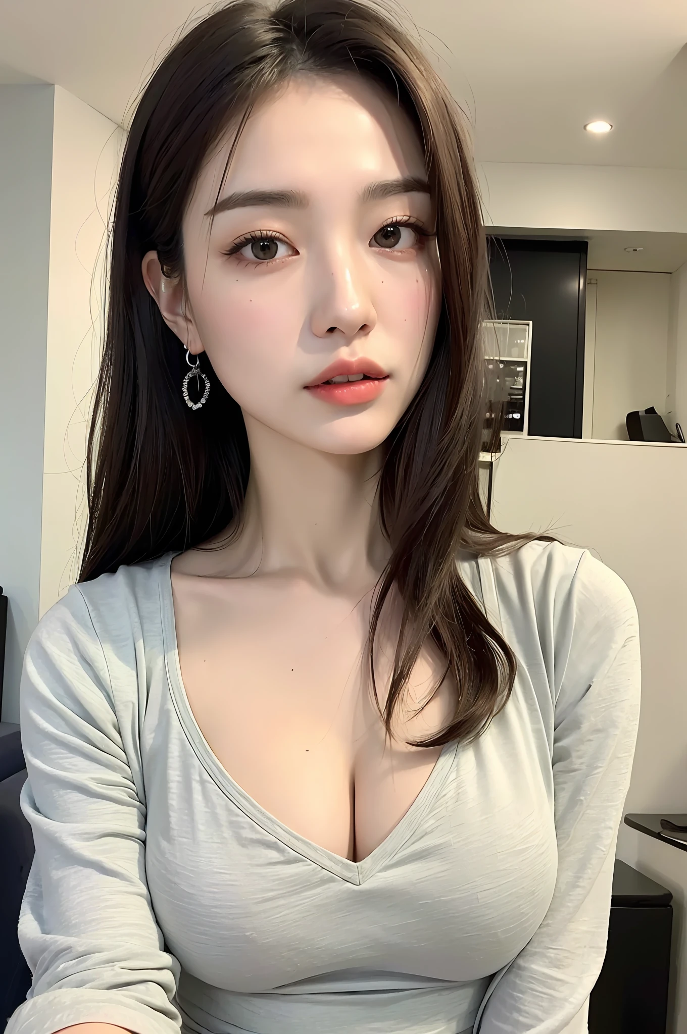 ((Best quality, 8k, Masterpiece :1.3)), 1girl, Pretty woman with emphasizing slender abs :1.3, (random hairstyles, Huge breasts :1.2), Casual outfit :1.2, Indoor, Ultra-detailed face, Detailed eyes, Double eyelid
