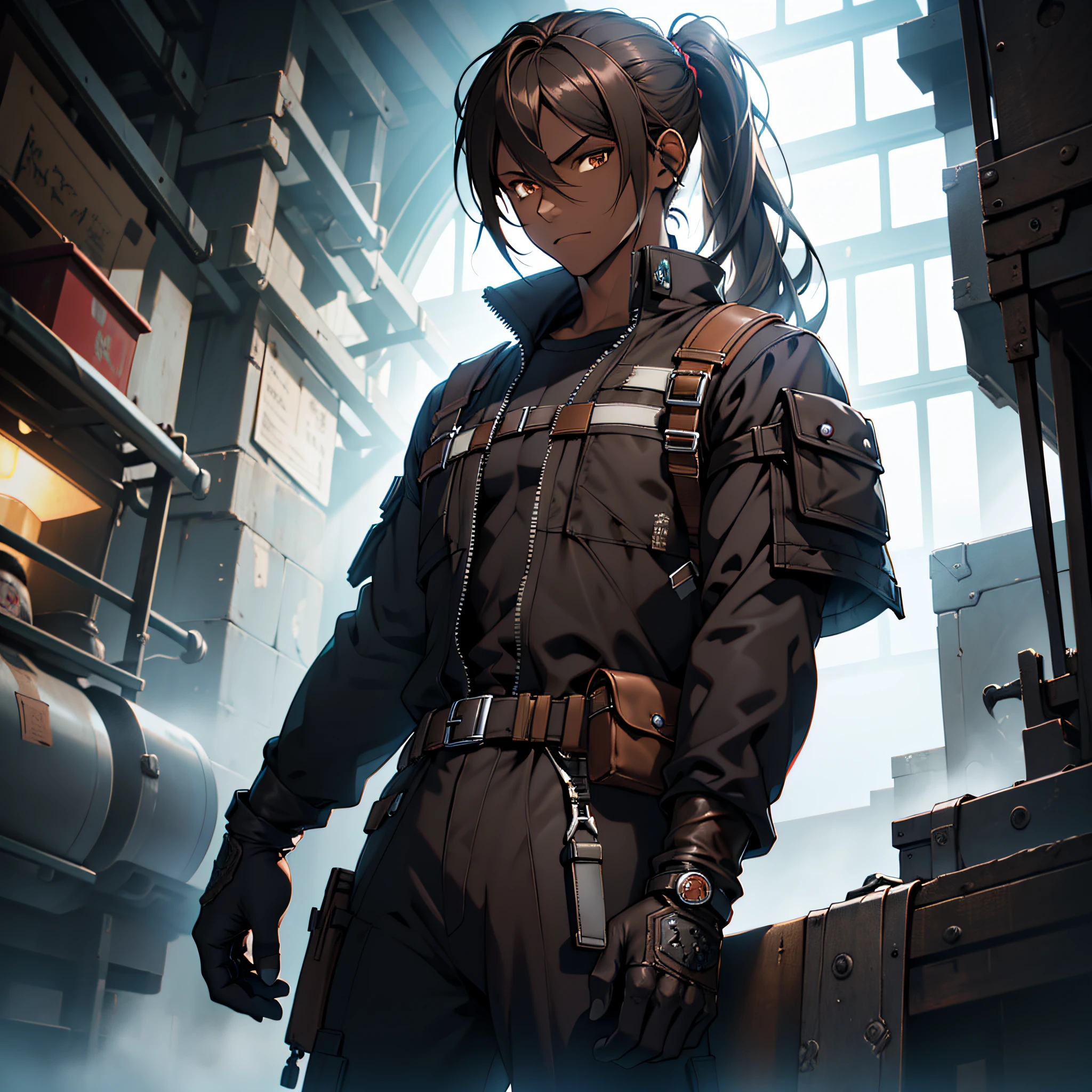 Masterpiece, Ultra detailed, great composition, {{industrial aesthetic}}, fantasy, high quality, intricate details, {{{intricate hair details}}}, beautiful detailed eyes, {Anime Style}, ray tracing, perfect anatomy, {{chromatic aberration}}, absurdres, smithy, {Ragnarok Online}, {{norse}}, gothic architecture}, light rays, detailed hair, ornate clothing, [fine skin details], textile shading, dynamic light, dynamic angle, {{Extremely detailed eyes}}, expressionless, {{{{dynamic pose}}}}, (((((solo))))), long hair, low ponytail, (((dark-skinned male))), (((very dark skin))), detailed brown shirt, red jumpsuit, ((open jumpsuit)), long sleeves, black gloves, fingerless gloves, black pants, armored boots, pouch, exoskeleton, toned, mechanical eye, (((brown eyes)))