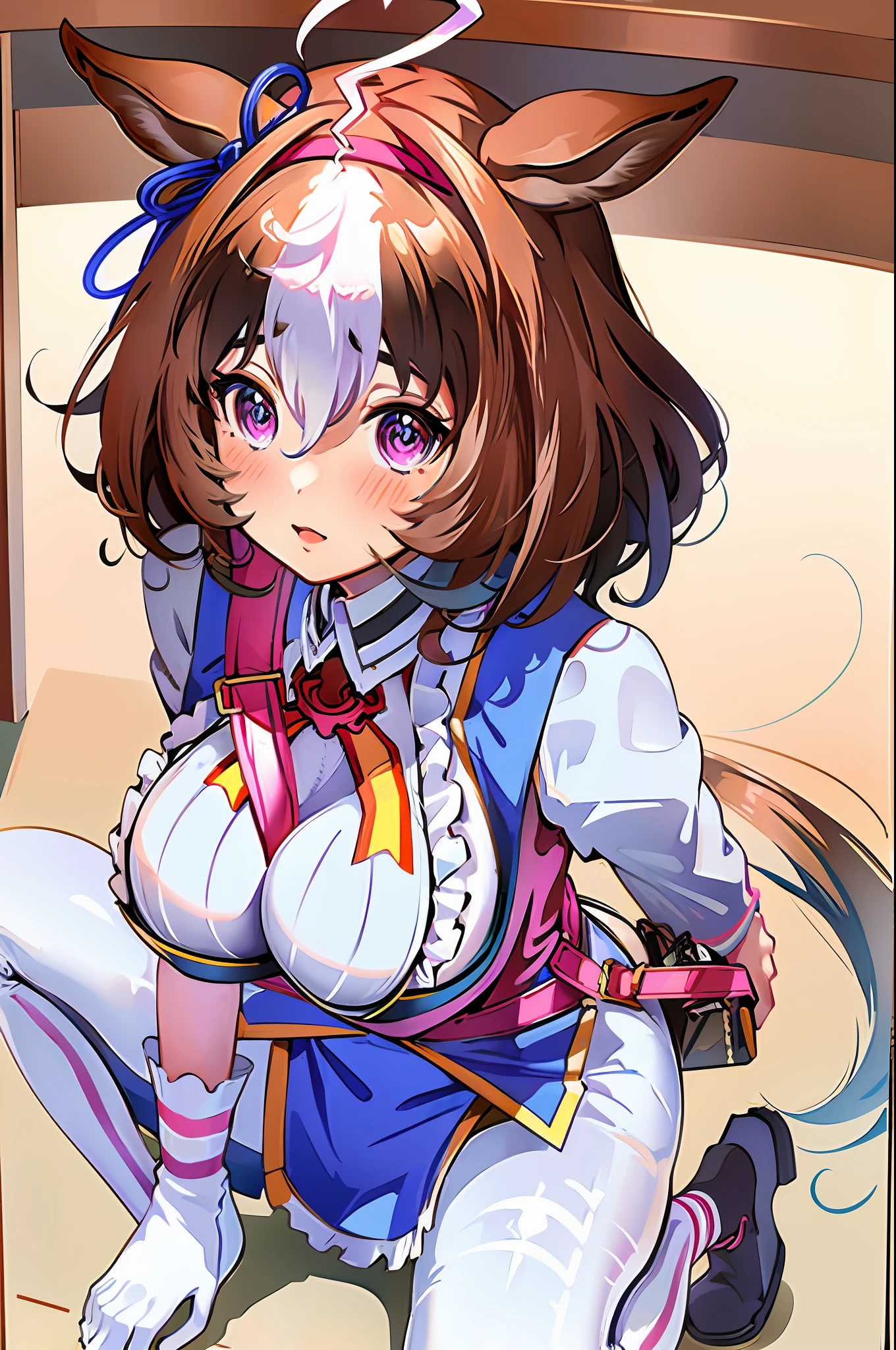 ((Real)), Masterpiece, High Resolution, Best Quality, Very Detailed, Original, Full Body Wide Angle, Attractive Pose, Crouching, Trending on Art Station, Trending on Pixiv
Uma musume, one, blush, white ahoge, horse ears, horse tail, hair ornament