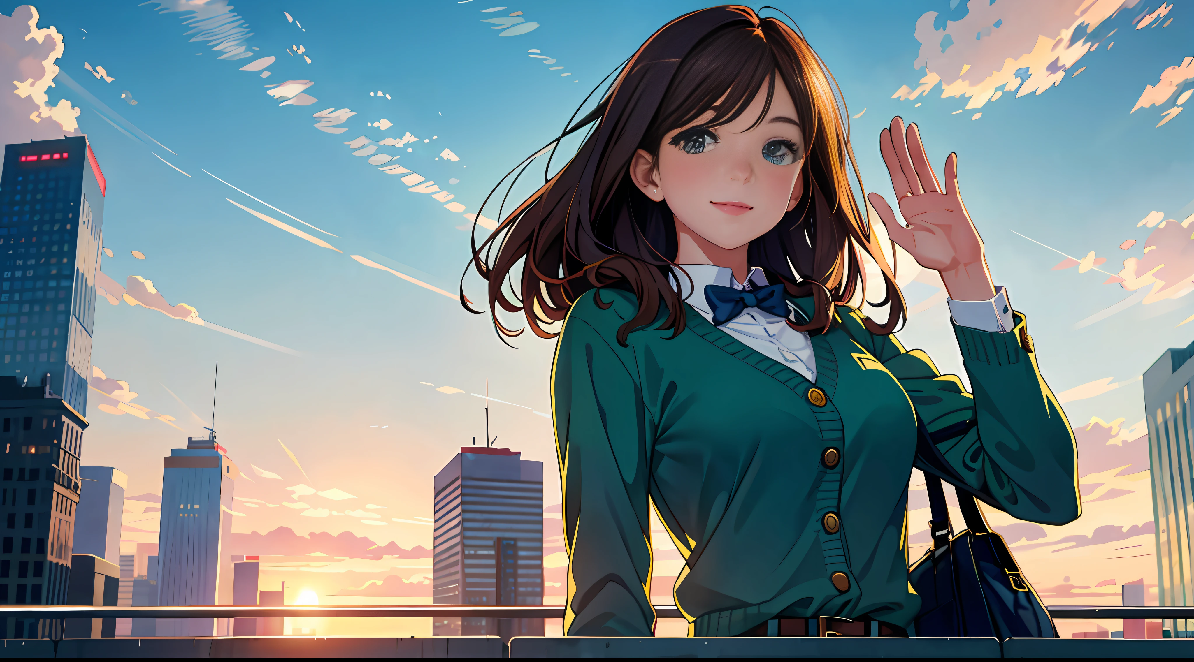 High Resolution, BEST QUALITY, 1 Office Lady, Waving, Illustration, Ultra Detail, (Detailed Face), Soft Lighting, Top Quality, Hazy Glow, Dreamy Atmosphere, Ultra Detail, Masterpiece, One Girl, Solo, Brown Hair, Green Eyes, Knitwear, Bright Eyes, Medium Breasts, Cowboy Shot, From Below, Outdoor, Smile, Morning, Clouds, Skyscrapers in the background, Industry, Public transport, Urban, concrete building, concrete, sidewalk, busy, tree,