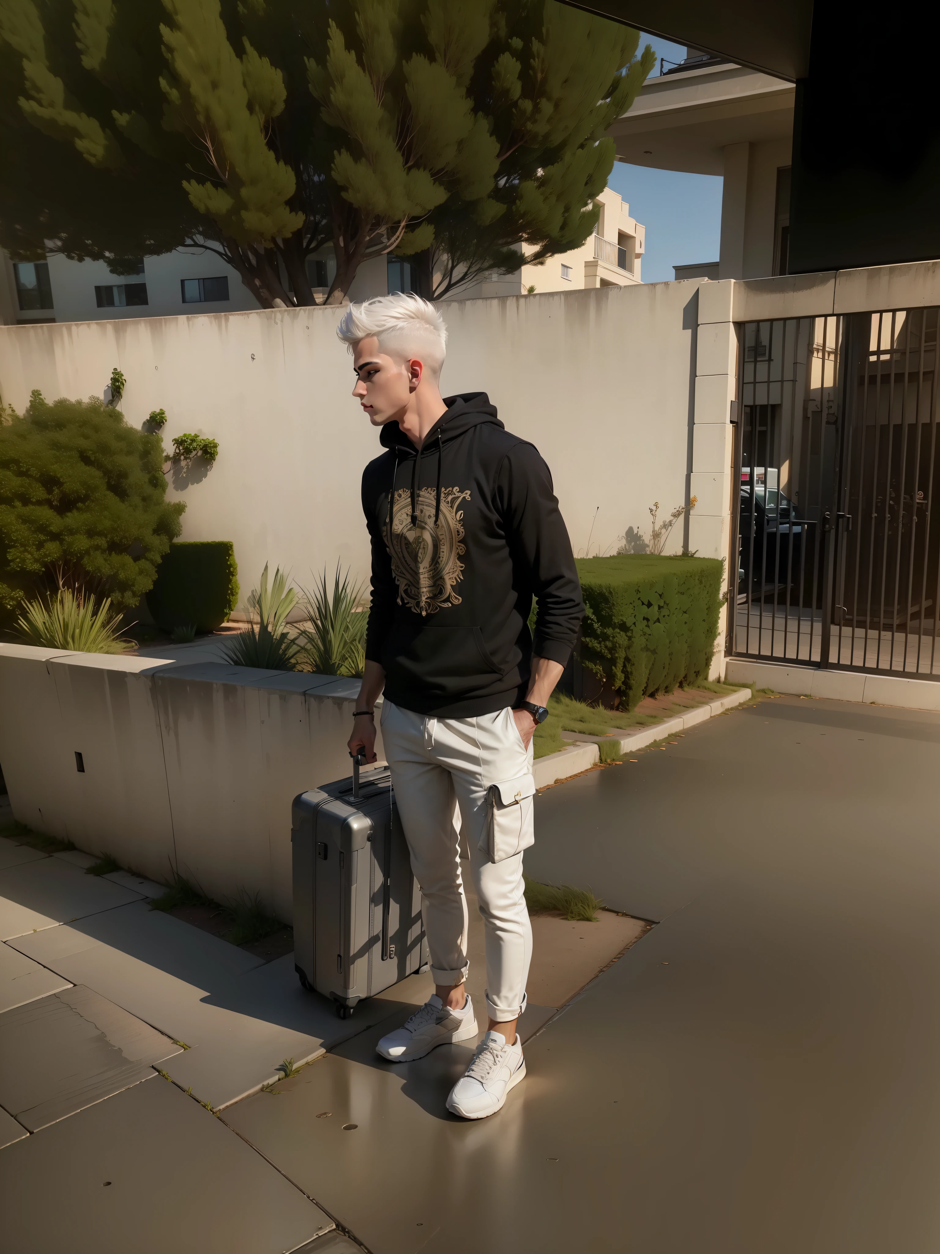 stunning young man with short white hair, holding suitcase, textured skin, (DN 0.70), depicted in ultra detailed 3D models with sophisticated and elegant backgrounds (luggage storage, full concierge service: 1.2), unsurpassed quality, better lighting, better shadows, dynamic framing, soft-toned hair, sweatshirt, sneakers, wallet, confident posture, hotel in the background, classic architecture, intricate decoration. atmospheric perspective --auto --s2